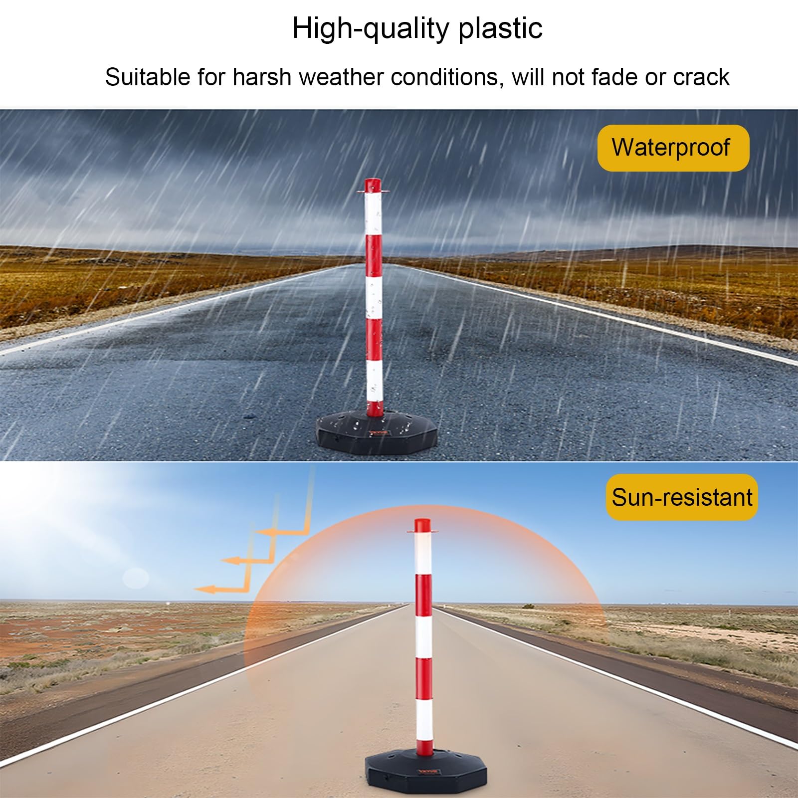 6-pak żółtych plastikowych słupków bezpieczeństwa, wypełnionych wodą, przenośnych słupków łańcuchowych, idealne do kontroli tłumu i bezpieczeństwa w miejscu pracy na parkingach