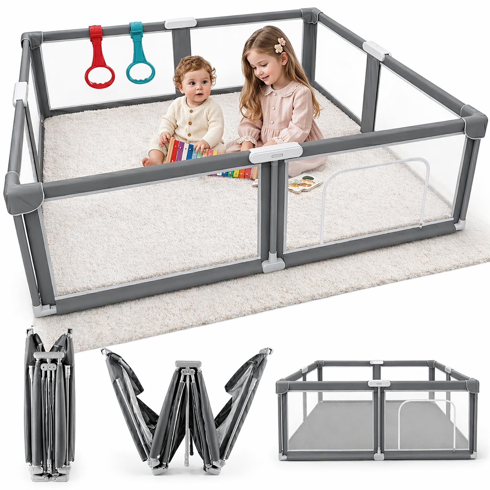 Photo 1 of Foldable Baby Playpen, 59" x 71" Portable Play Pen for Babies and Toddlers, Collapsible PlayYard, Indoor & Outdoor Baby Fence with Breathable Mesh, Travel Safety Area