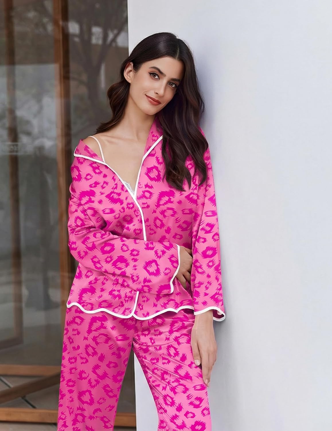Ekouaer Satin Pajama Set Long Sleeve Button Down Pj Sets Ruffle Silk Valentine Pajamas for Women - Image 3