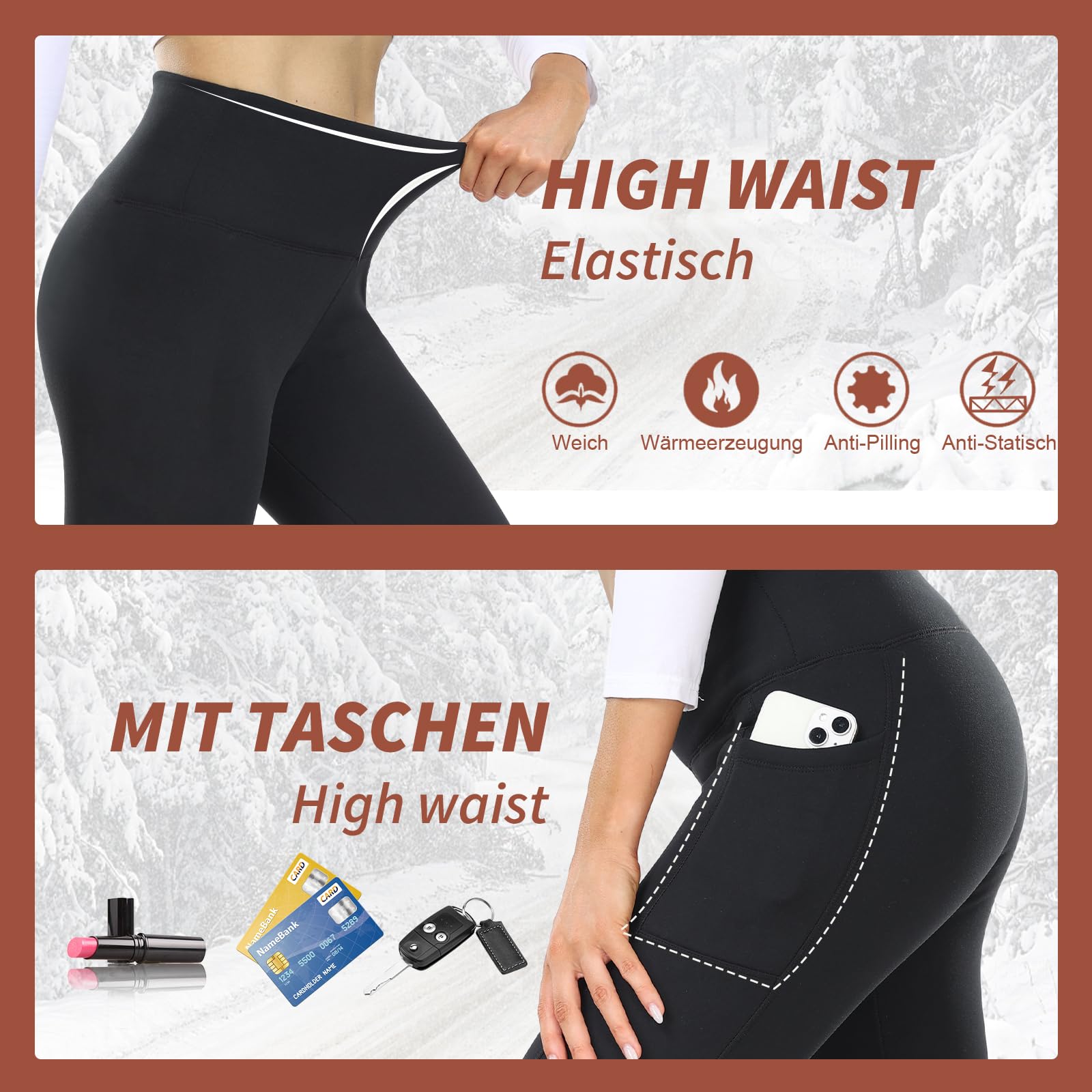 HIPOWER Lot de 3 leggings thermiques pour femme avec poches, leggings doublés, taille haute, en polaire, opaques, noirs, sous-vêtements thermiques, pantalon de course, pantalon de yoga