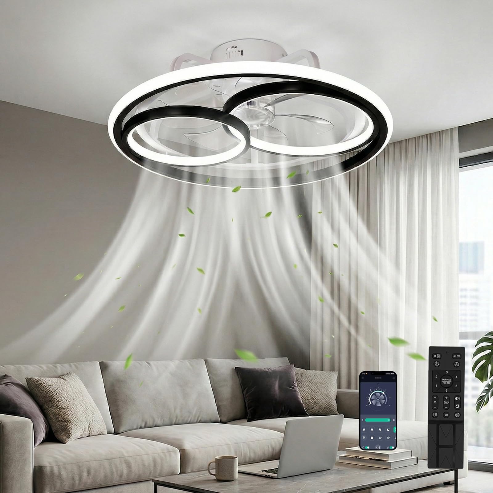 DATO Ventilador de techo con luz, 3 temperaturas de color y 6 velocidades, ventilador de techo LED con lámpara, silencioso y regulable (C)