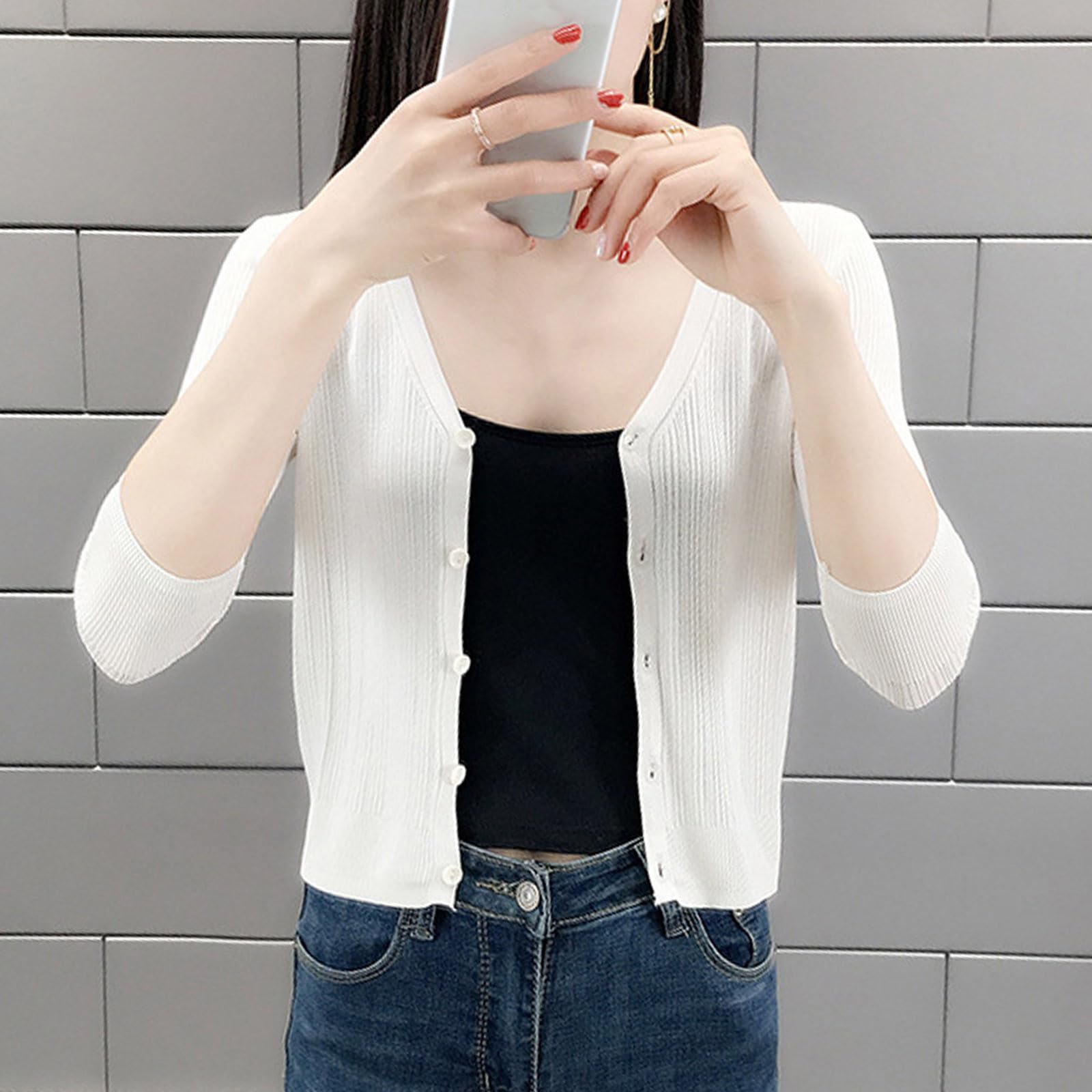 Cardigan Donna Morbido Tinta Unita Maglione Corto a Maniche a 3/4 Comodo | Tessuto morbido e piacevole sulla pelle, comfort quotidiano, vestibilità comoda, ideale per casa ufficio e tempo libero