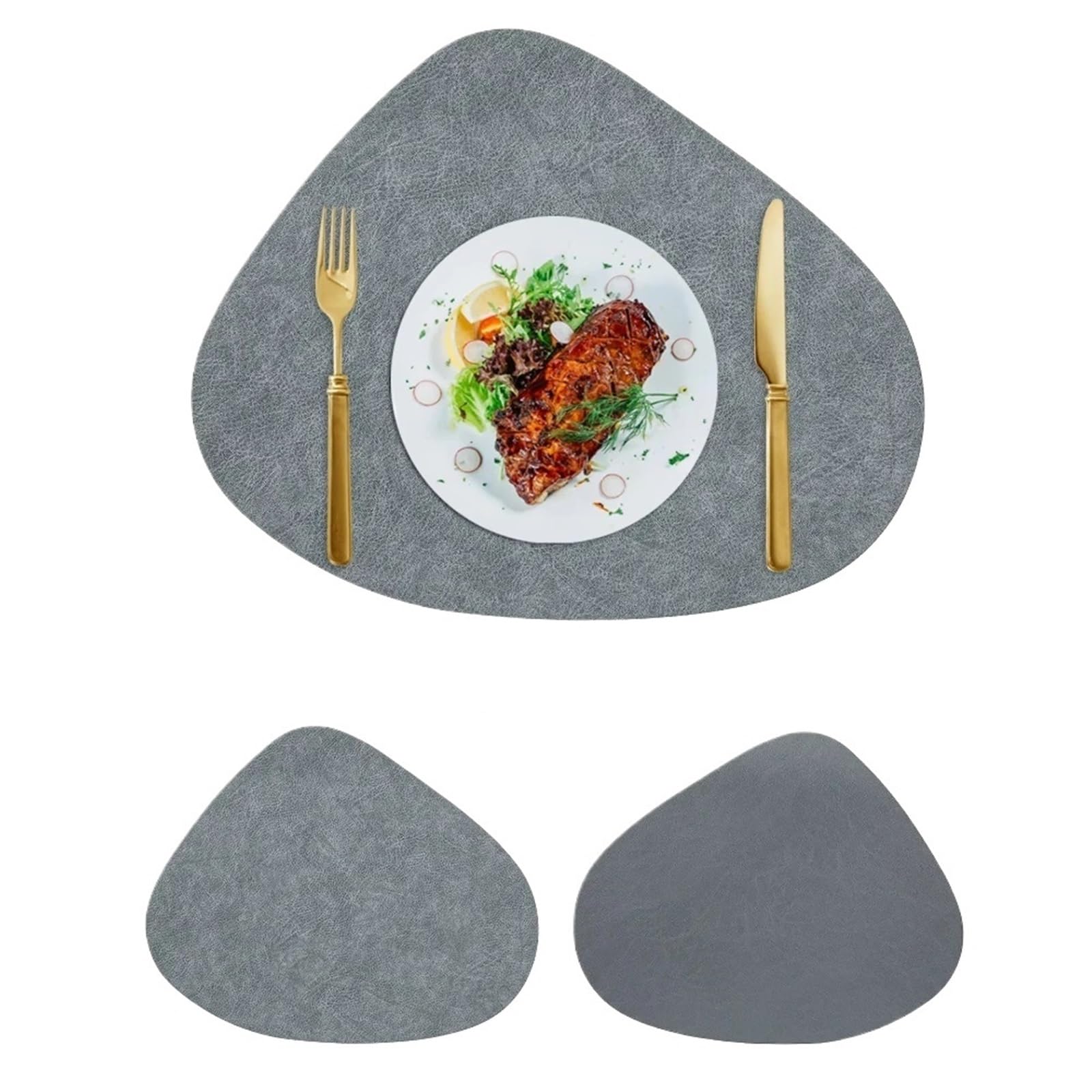 Placemats Leather Placemat,Teardrop Shape Cowhide Texture Double-Sided Non-Slip Nordic Style Place Mat Waterproof Resistant(Starry Sky Grey-Grey)
