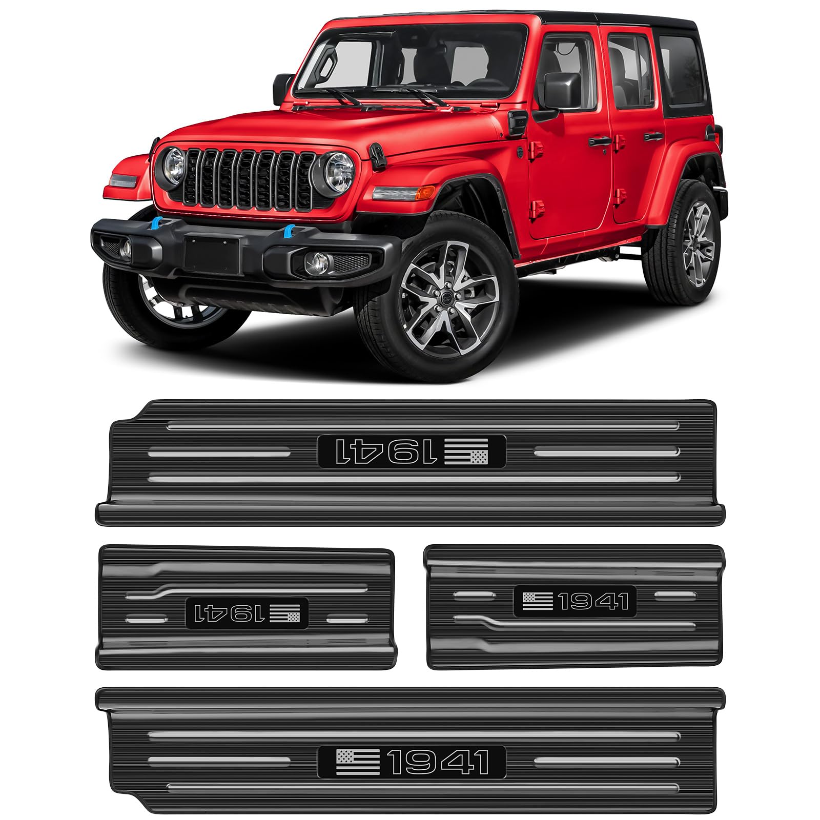 Upgraded American US Flag Door Sill Guards for Jeep Wrangler JL JLU 2018-2025 2026 &amp; Gladiator JT 2020-2026 Accessories Stainless Steel Front Rear Entry Guard (US Flag Brushed Black 4-Door)