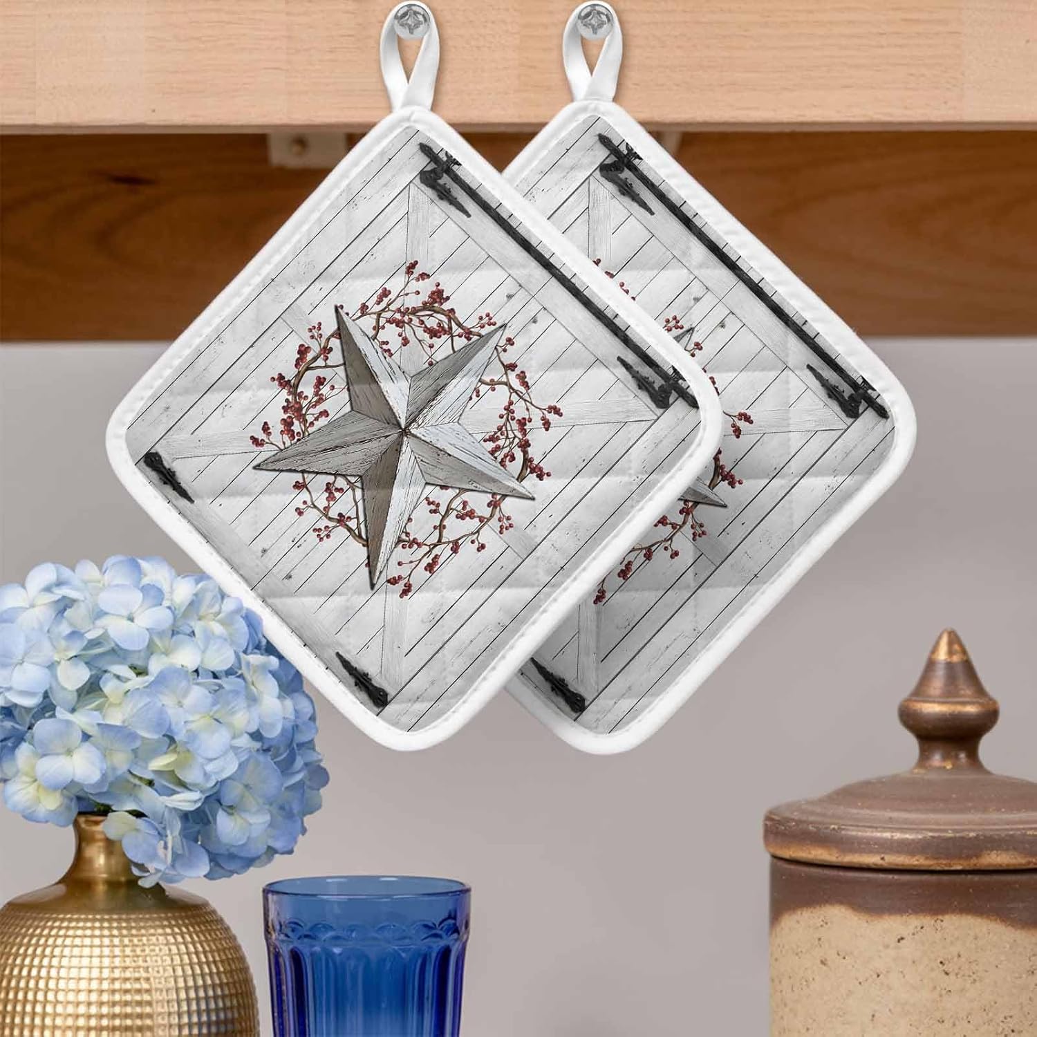 Texas Star Retro Pot Holders for Kitchen Heatproof Potholder, 5 Pack Vintage White Wooden Berry Hot Pads Multipurpose Oven Pads Cloth Potholders Trivet for Cooking Baking