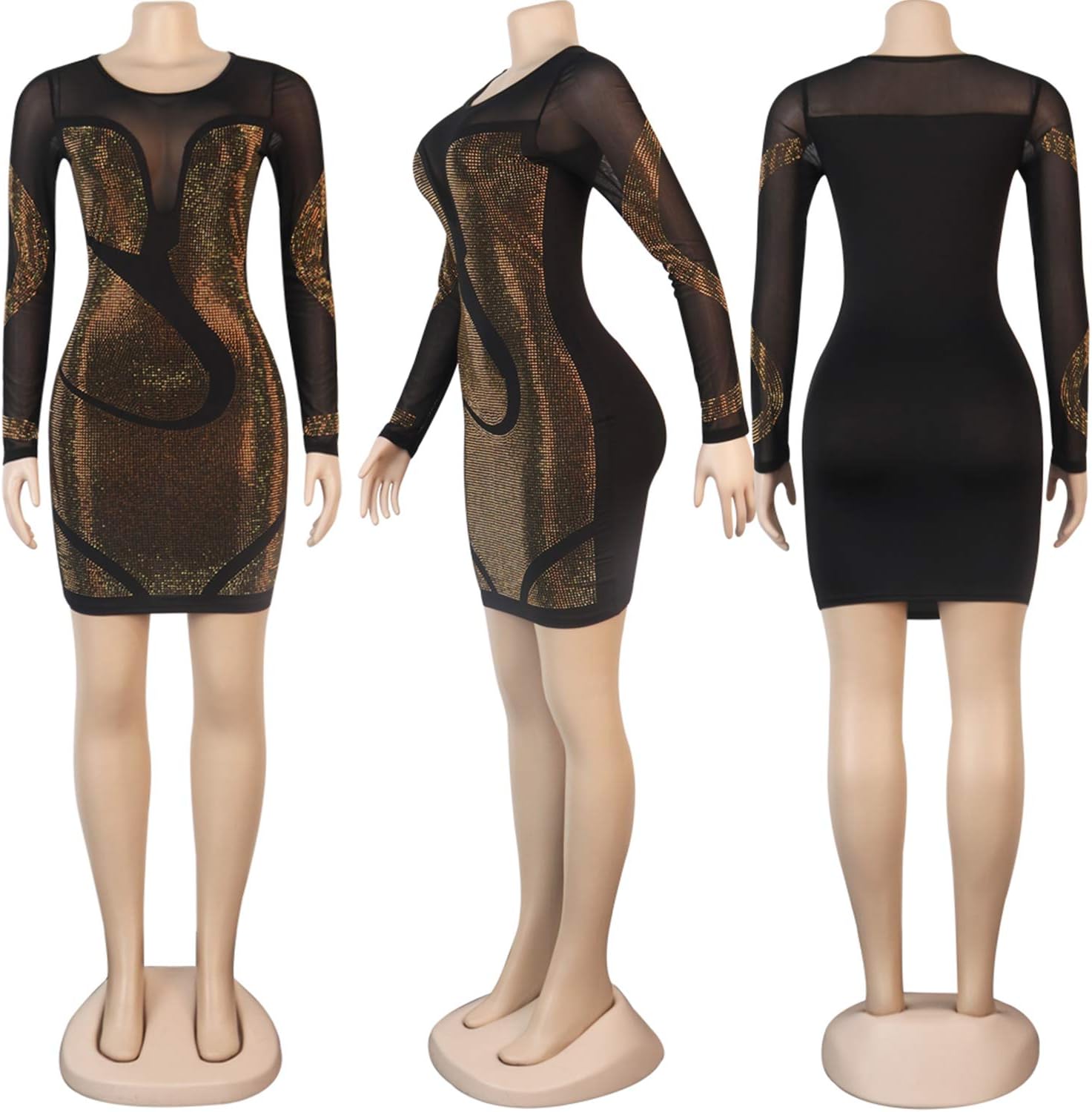 PORRCEY Women's Sexy Elegant Rhinestone Mesh See Through Dance Party Club Night Out Bodycon Mini Dress - Image 5