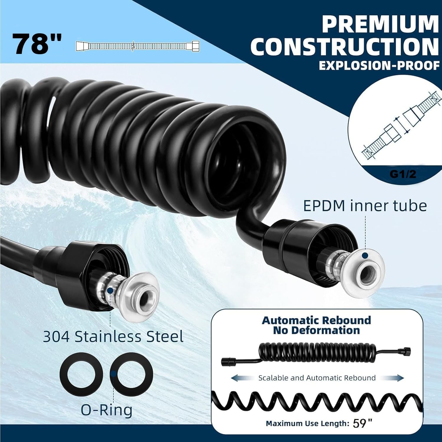 PU Flexible Telescopic Bidet Spring Hose with G1/2 Internal Thread Interface, Spring Hose, 59", Gray