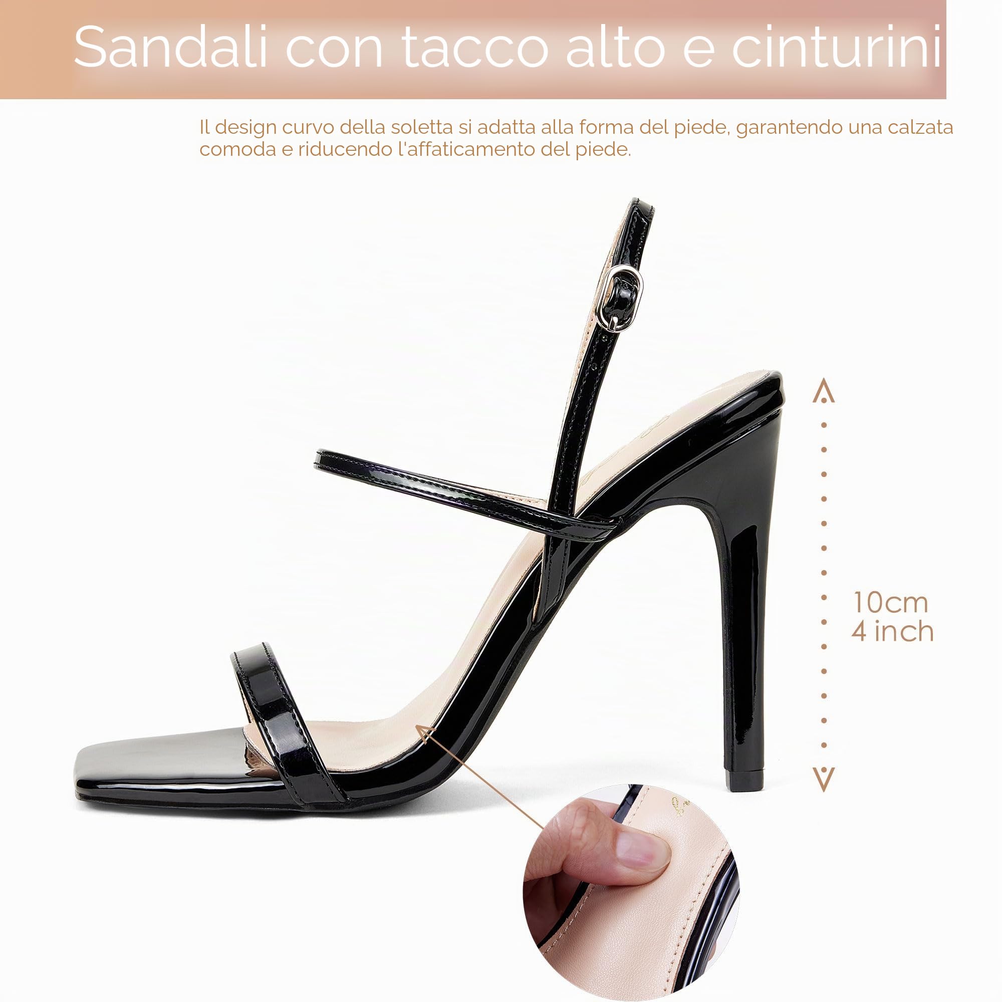 GENSHUO Sandali con Tacco da Donna 11CM con Punta Aperta Quadrata e Cinturino alla Caviglia, Tacco a Spillo Alto, Sandali da Cerimonia per Matrimonio e Festa