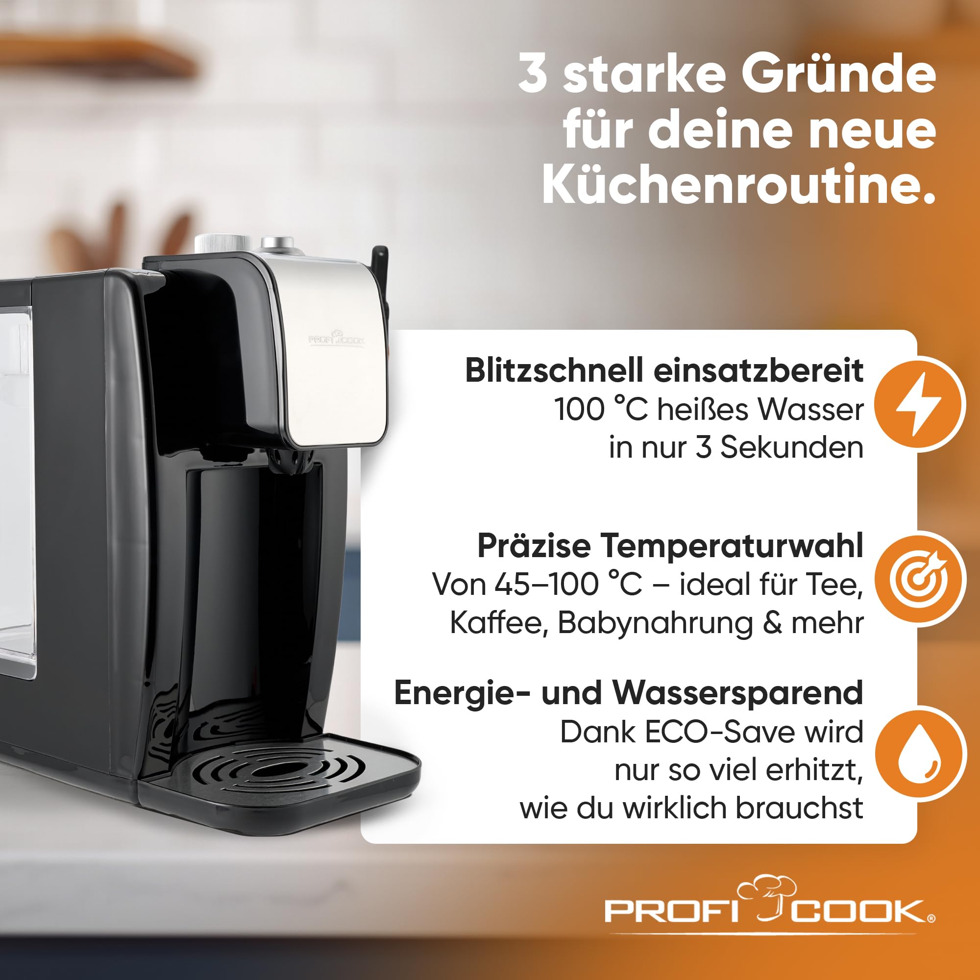ProfiCook® Heißwasserspender | heißes Wasser in 3 Sekunden | Wasserkocher | 2,2 Liter Fassungsvermögen | kochendes Wasser auf Knopfdruck | Edelstahlgehäuse | Edelstahlanzeige | 2600 Watt | PC-HWS 1168