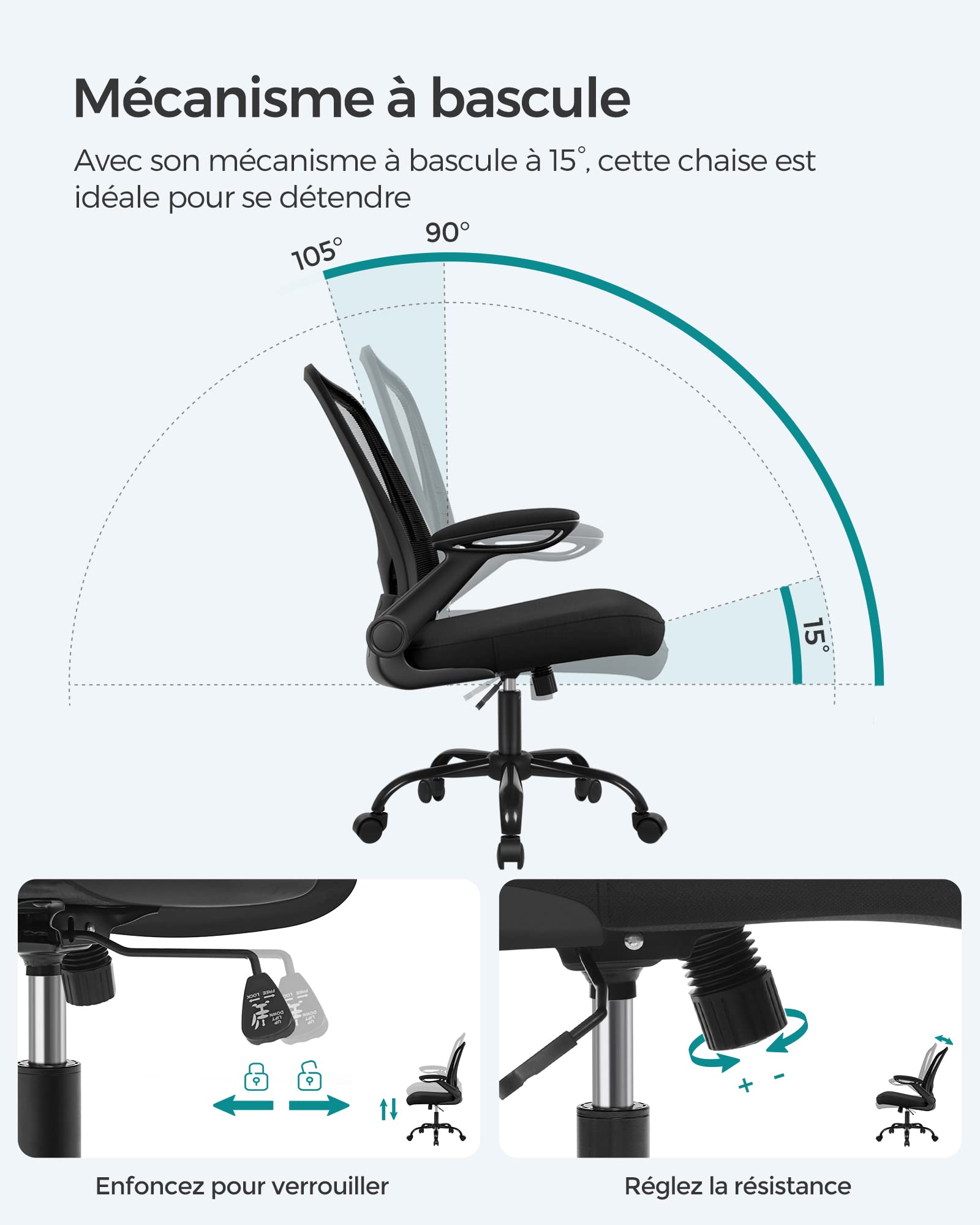 SONGMICS Chaise Bureau Ergonomique, Tissu en Maille, Support Lombaire, Mécanisme à Bascule, Assise Large de 53 cm, Accoudoirs Rabattables, pour Bureau, Chambre, Noir OBN37BK
