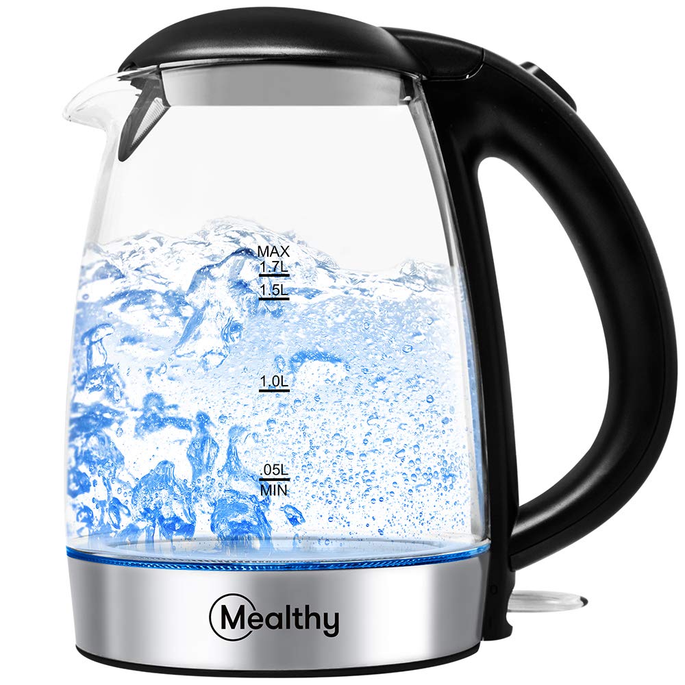 Mealthy MEALTHYKETTLE High-Quality 1.7 Liter Glass Electric Home Tea Boiler Kettle with Blue LED Light Indicator