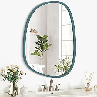 Comprar Espejo de pared moderno asimétrico azul, 40 x 30 cm, marco de madera, plata HD, montaje en pared, estilo rústico, decoración del hogar, baño, dormitorio, sala de estar
