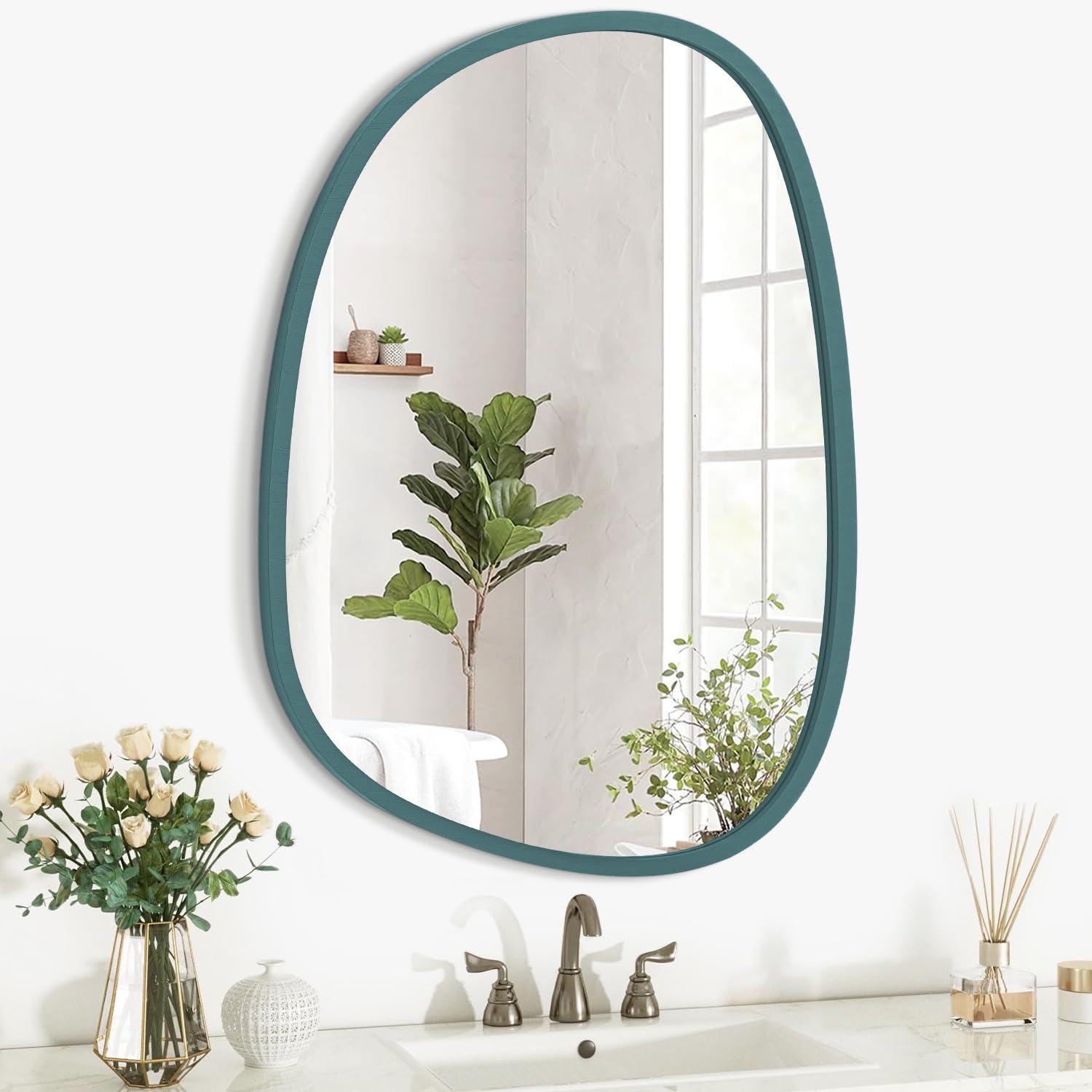 Lzuso Irregular Mirror for Wall Decor Modern Asymmetrical Wooden Framed Wall Mirror Unique Shape Vanity Artistic Oval Mirror Decorative for Living Room Bedroom Bathroom Entryway Blue
