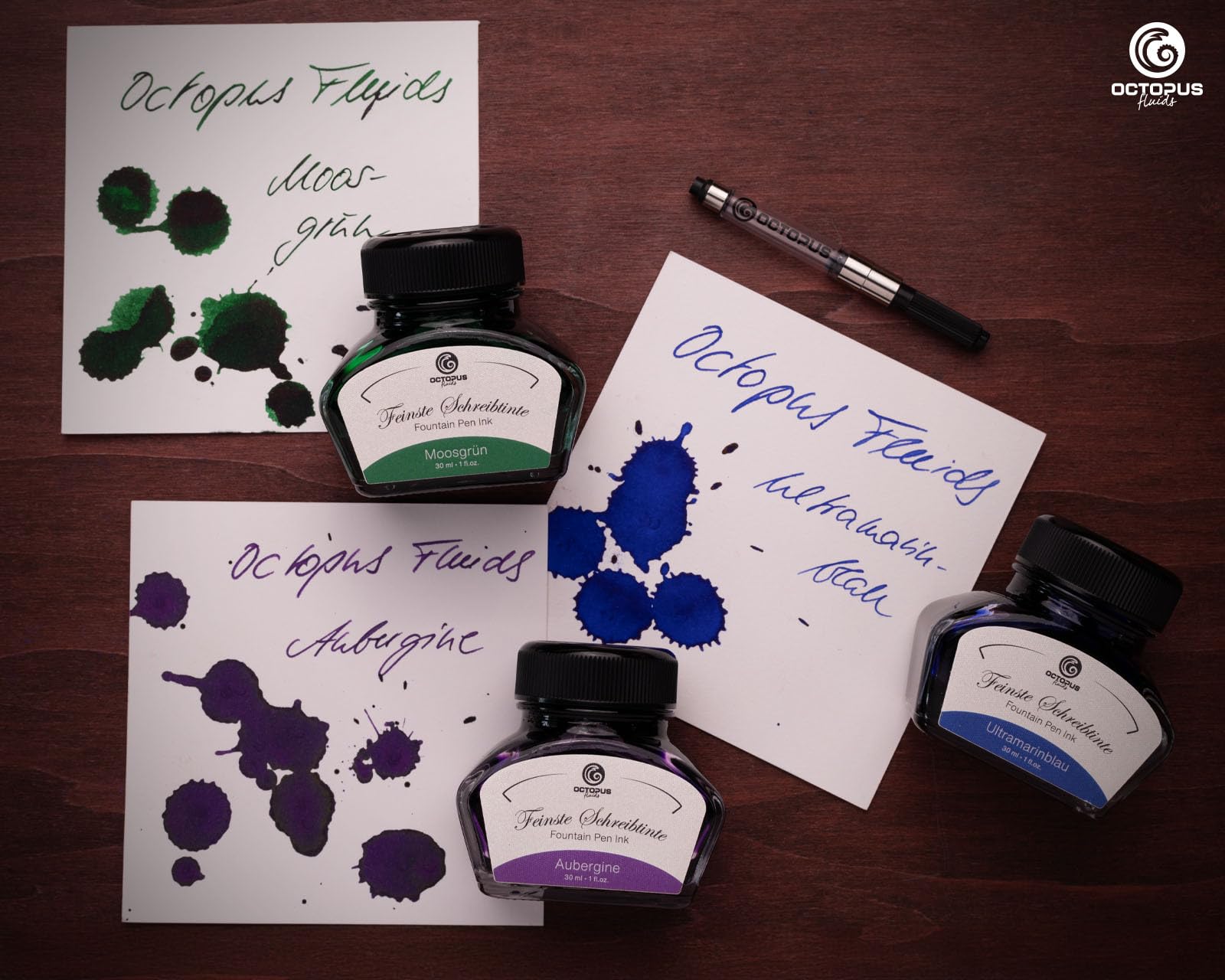 Octopus Schreibtinte Moosgrün, Ultramarinblau, Aubergine, Füllhaltertinte im Tintenglas mit Konverter, Geschenkset Schreibtinte für Füller und Feder, Tinte zum Schreiben und Malen, 3 x 30 ml