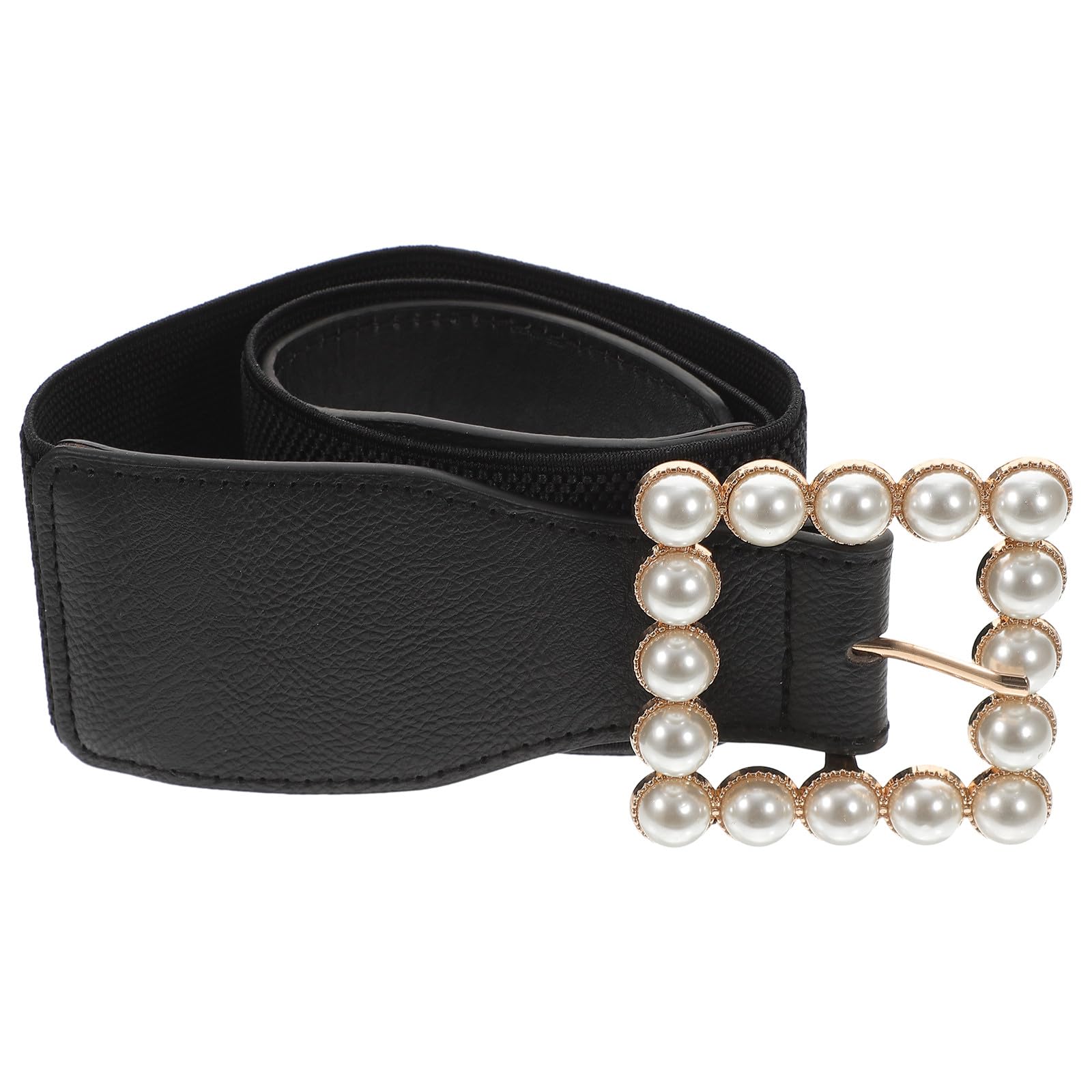 Elastic Ladies Pearl Waistband with Square Buckle, Decorative Elastic Waist Corset Belt for Skirts, Black Stretch Waistband Accessory for Women’s Dress