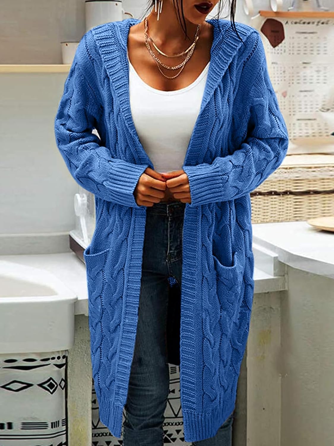 Women Hooded Open Front Cardigan Cable Knit Sweaters Solid Color Chunky Long Sweater Coats - Image 2