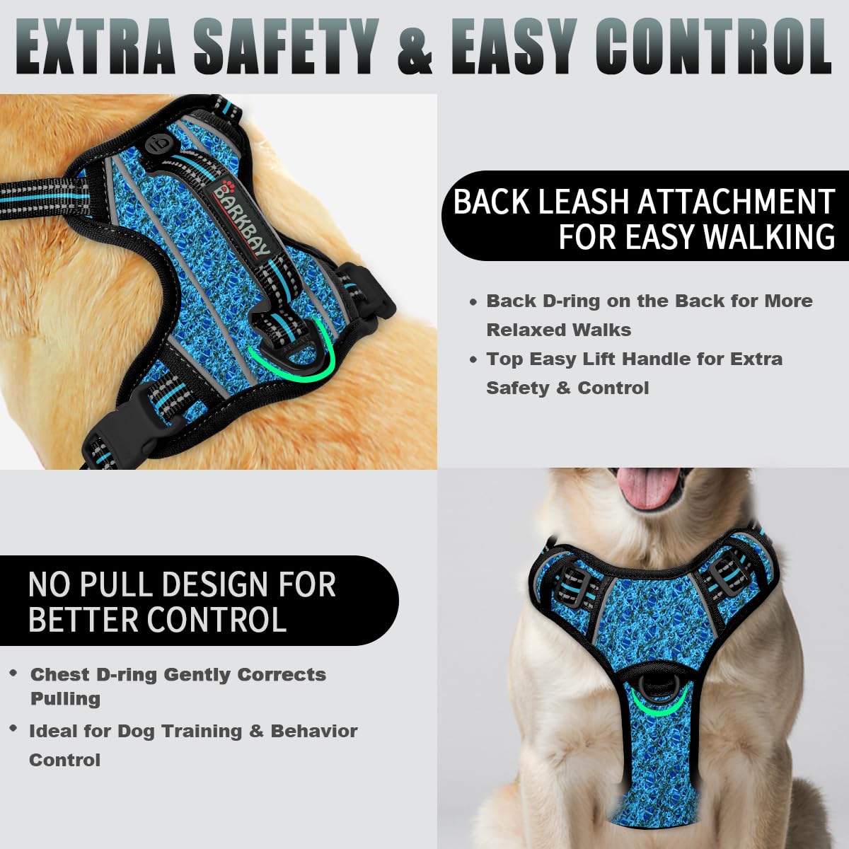 BARKBAY No Pull Dog Harness Large Step in Reflective Dog Harness with Front Clip and Easy Control Handle for Walking Training Running with ID tag Pocke(Blue/Black,M - image 3