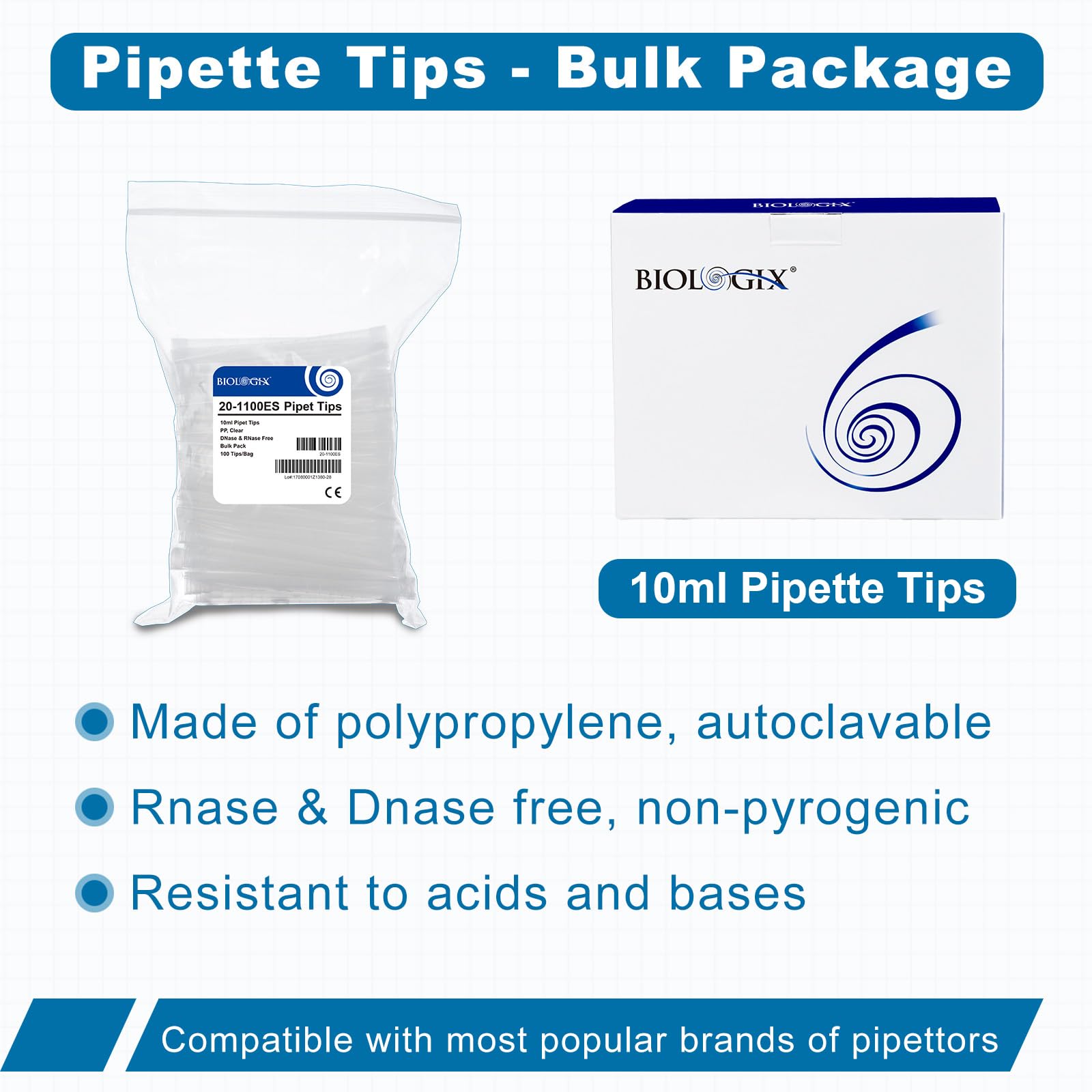 Punte per pipette da 10 ml, 100 punte universali da 10 ml, trasparenti, in polipropilene (PP), autoclavabili, senza DNasi/RNasi/Pirogeni, liquido da laboratorio, 100 pezzi/sacchetto