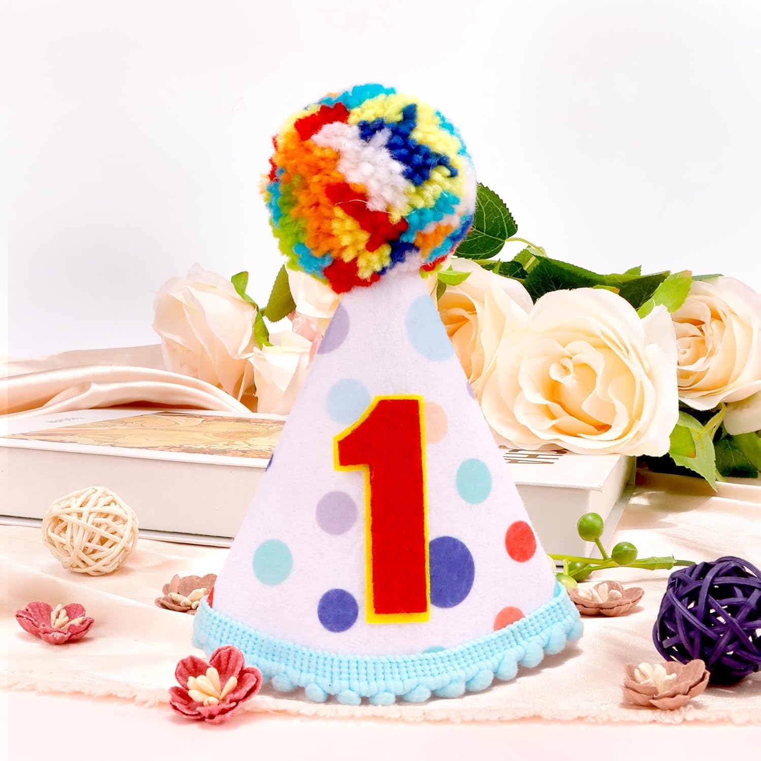Chanaco 1st Birthday Hat, First Birthday Decoration, Birthday Hat with Colored Fur Balls Topper, One Year Old Birthday Conical Cap for Party Favors