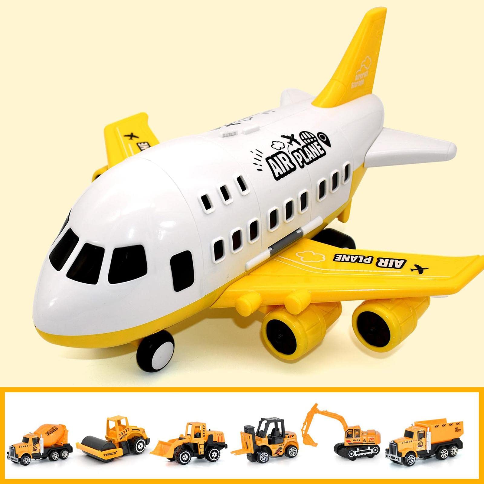 Juego de Avión de Juguete para Niños con Contenedor de Almacenamiento Y Pista de Inercia, Yellow_6 vehículos de construcción