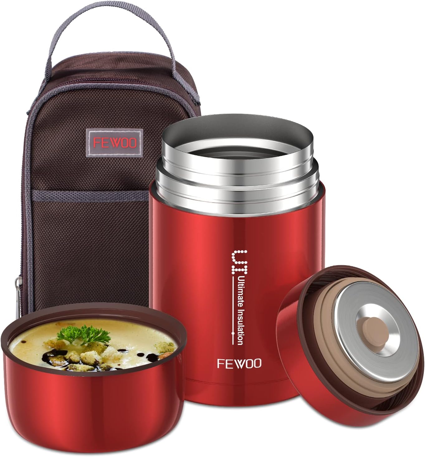 FEWOO Food Jar - 27oz Vacuum Insulated Stainless Steel Lunch box, Leak Proof Soup Containers with bag for Hot or Cold Food (Red)
