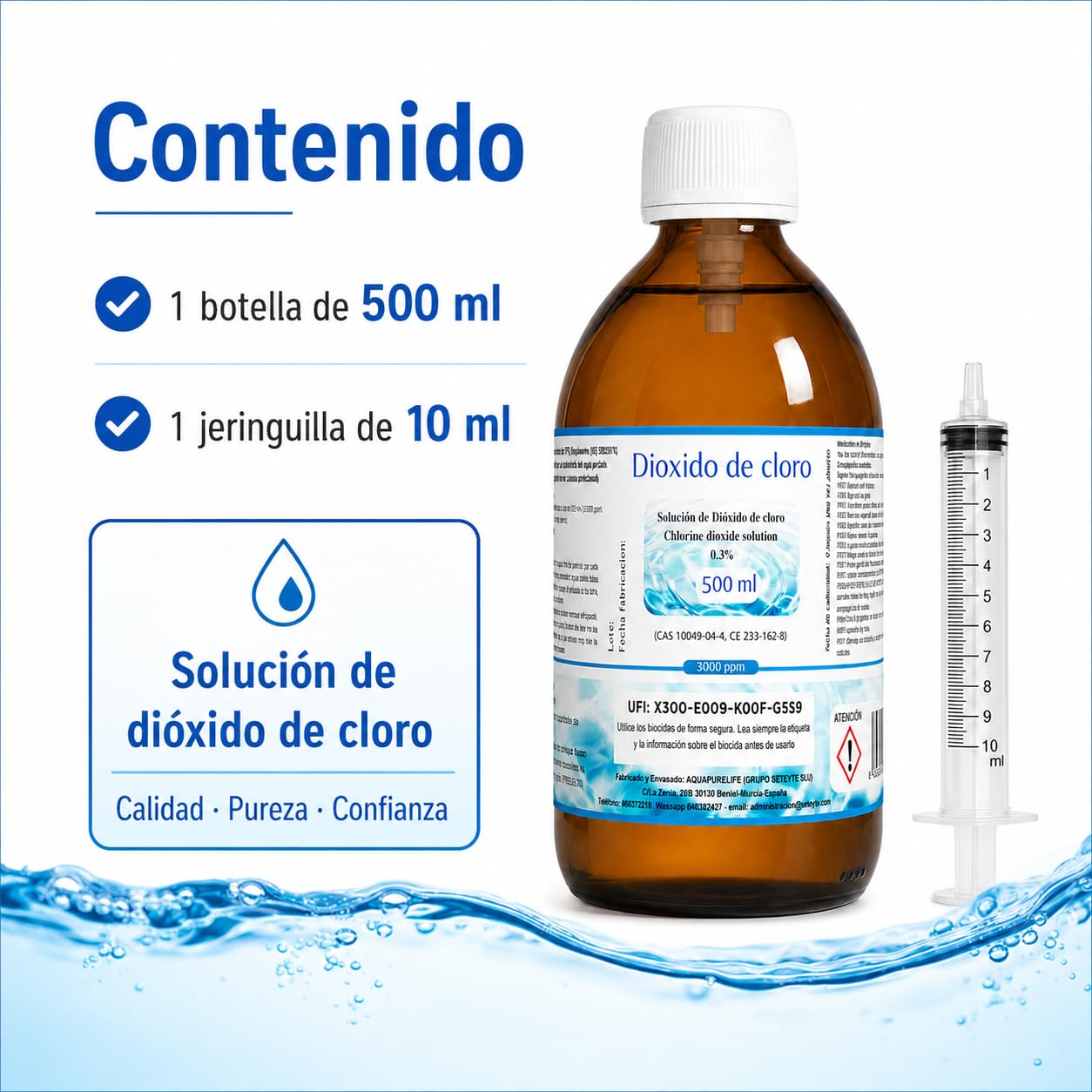 Dioxido de Cloro 3000ppm - CDS 0,3% - Envasado en Botella Cristal Ambar - Fabricado en España (500ml)