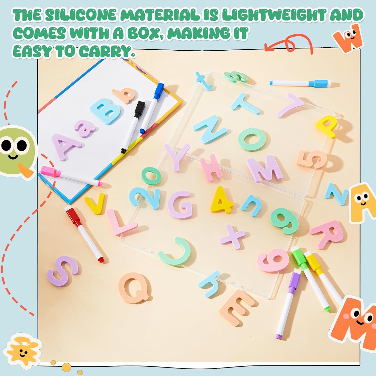 VioraWhite 74 Pcs Silicone Magnetic Alphabet Letters Kit (CPC Certified) Colorful ABC Numbers Magnets Markers with Double-Side Board Educational Learning Toy Bulk for Kid Baby Girl Boy Gift