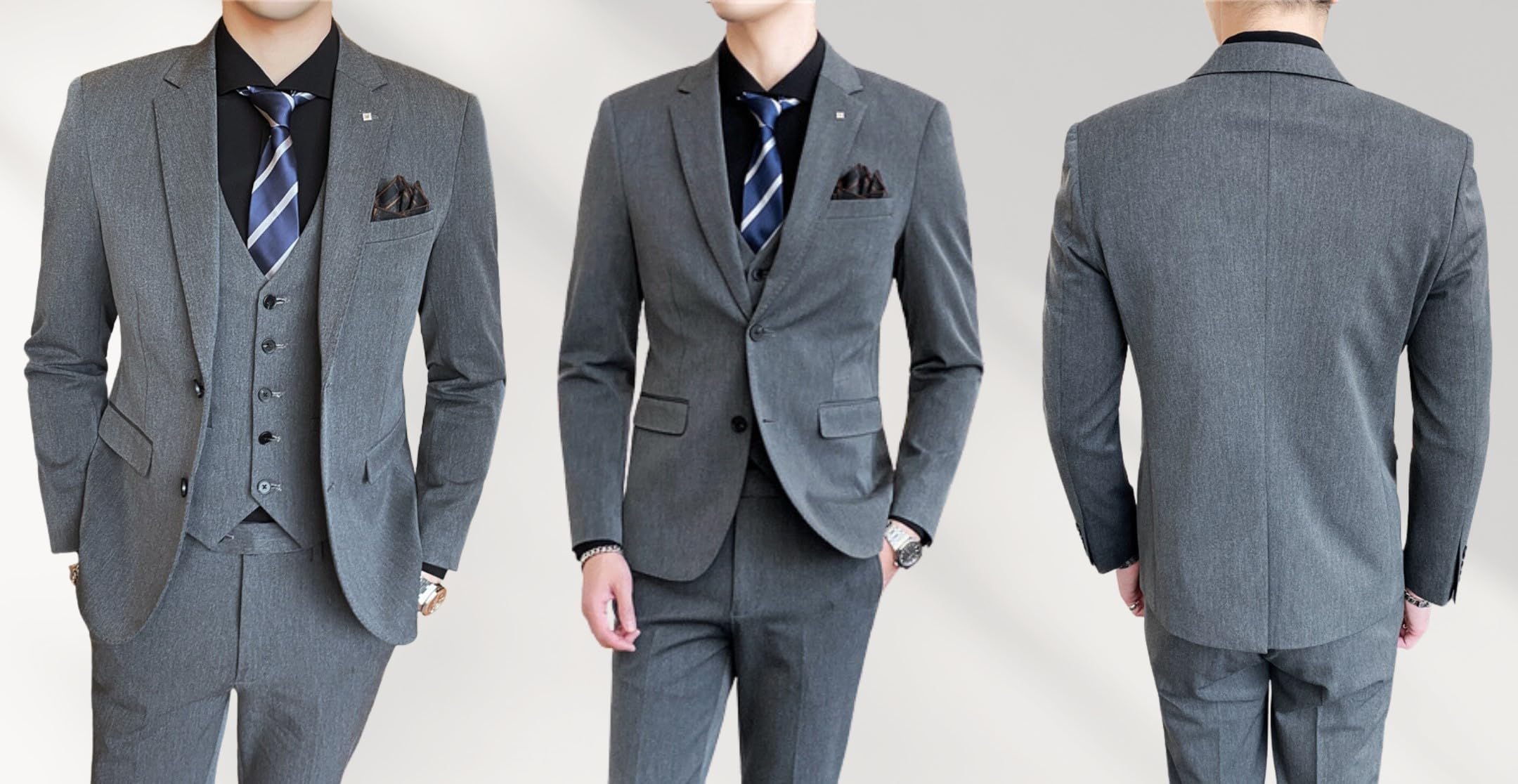 L'MONTE Imported 3 Piece Suit Blazer for Men Formal Slim Fit Two Button Closure Coat Vest & Pant Set for Business and Wedding Party (44, Grey) 2