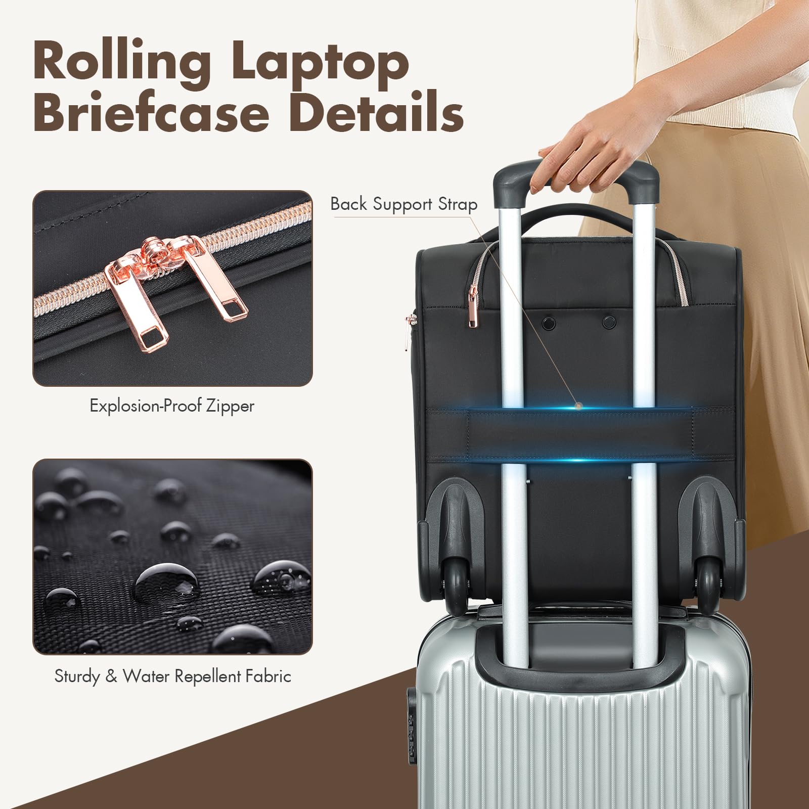 maletín para portátil de hasta 14 pulgadas, con ruedas, de nailon resistente al agua, equipaje de mano y viaje, Negro, Medium
