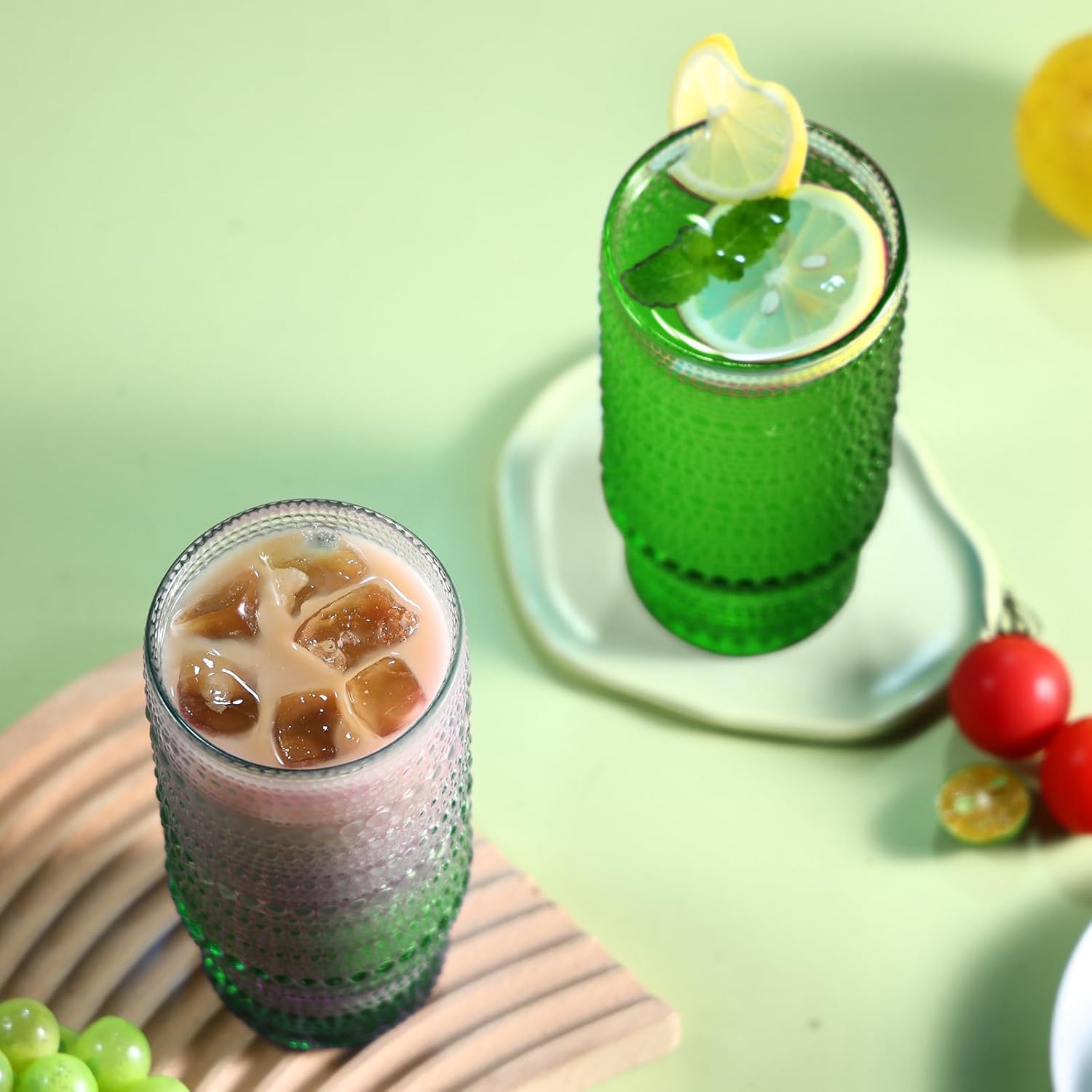 Large Capacity 16 oz Hobnail Drinking Glasses Set of 6, Vintage Glassware Drinking Glasses, Gradual Dark Green Water Glasses Tumbler, Cups for Kitchen, Juice, Beer, Cocktail, Whiskey