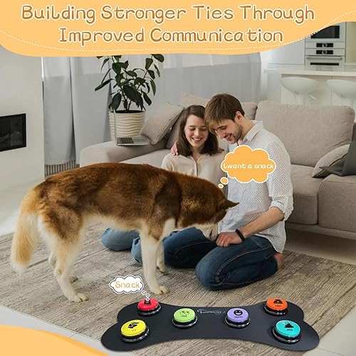 Miniatura 6 de RIBOSY Juego de zumbadores de entrenamiento de voz de perro, 6 botones grabables con alfombrilla de goma antideslizante y 50 calcomanías, graba y