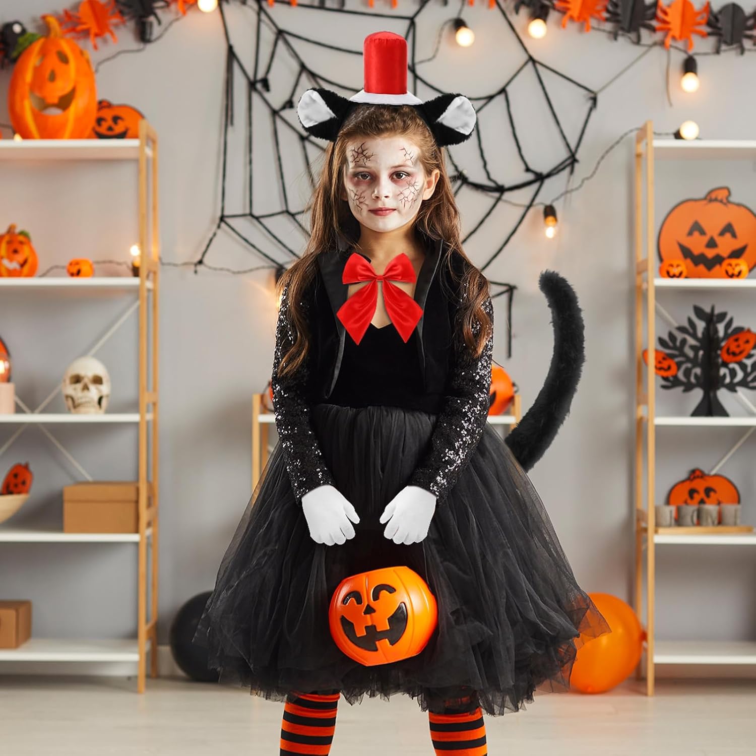 4 Pcs 100th Day of School Cat Costumes Kit Cat Hat in Costume for Kids Red White Hat Accessory Kit Including Headband Gloves Bow Tie Long Tail for Cosplay - Image 7