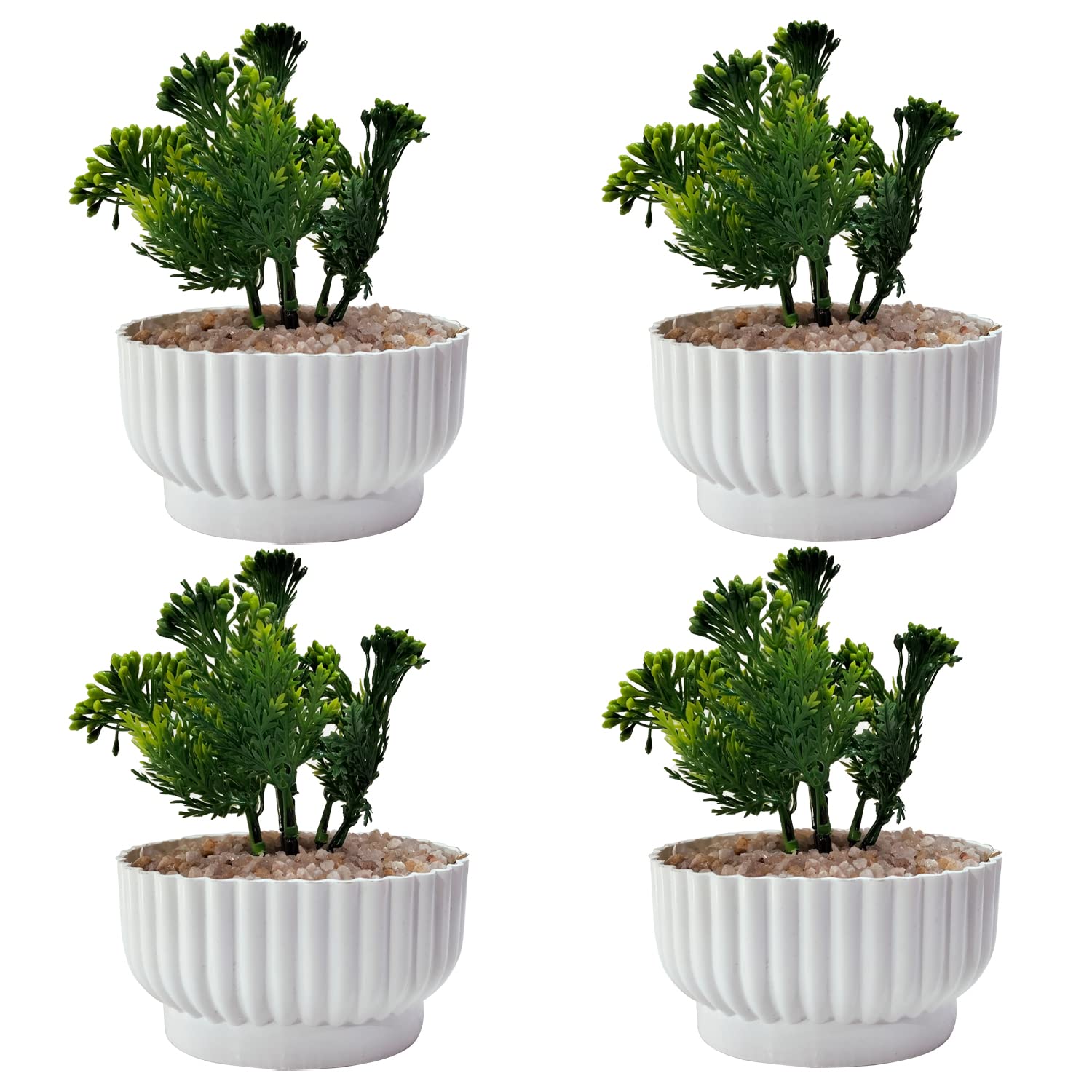 Caajib Decor's Artificial Imported Yellow Bush in Imported Mini White Pot with Beautiful River Sand for Home, Bedroom, Gift Decoration | Fire Retardant & UV Protected (Set of 4)