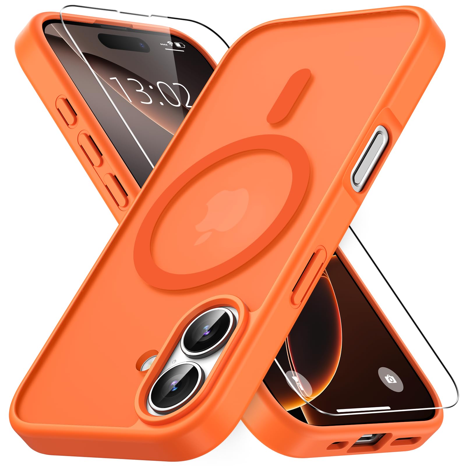 Vansdon Magnetisch für iPhone 16 Hülle mit 1 Schutzglas | Orange, Kompatibel mit Magsafe, Fallschutz nach Militärstandard, Transluzente Matt Rückseite Stoßfeste Handyhülle