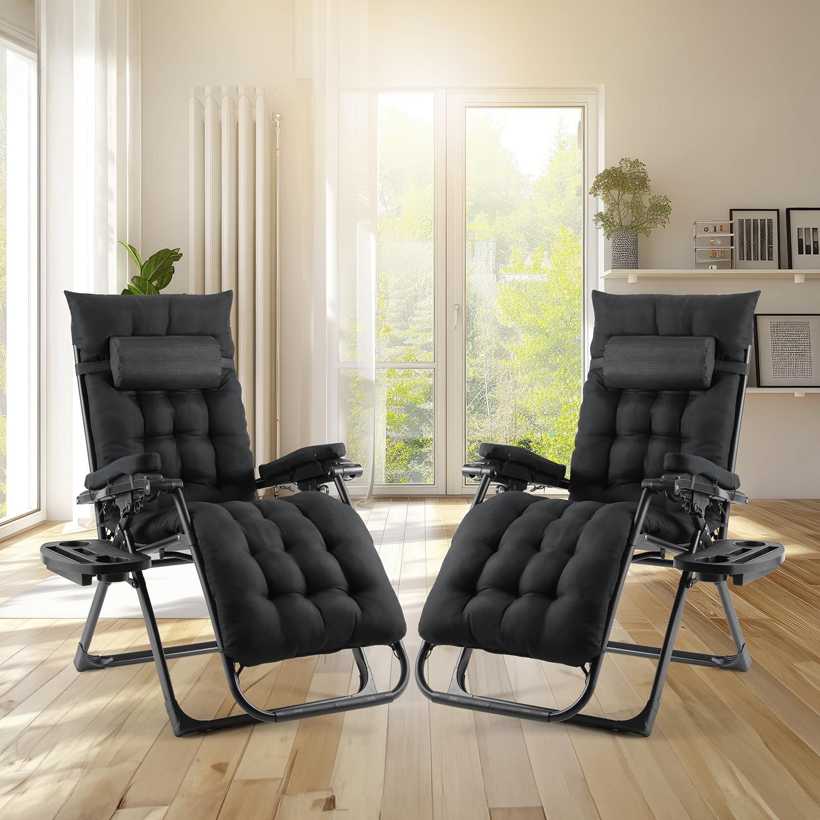 TLGREEN Sonnenliege 2er Set, Gartenliege, Liegestuhl klappbar, Tragfähigkeit 160KG, Abnehmbares Sitzkissen, Verstellbare Rückenlehne, Nackenkissen & Getränkehalter, Outdoor Sessel, Strandliege, 2 PCS