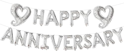 Miniatura 8 de KatchOn, Letras de globos plateados de feliz aniversario, 18 pulgadas, globos de corazón con gancho plateado  Cartel de feliz aniversario para
