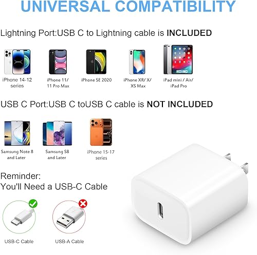 Miniatura 4 de Cargador rápido para iPhone de 10 pies, 3 unidades, cargador de pared USB C de 20 W con cable de carga rápida de 10 pies compatible con iPhone