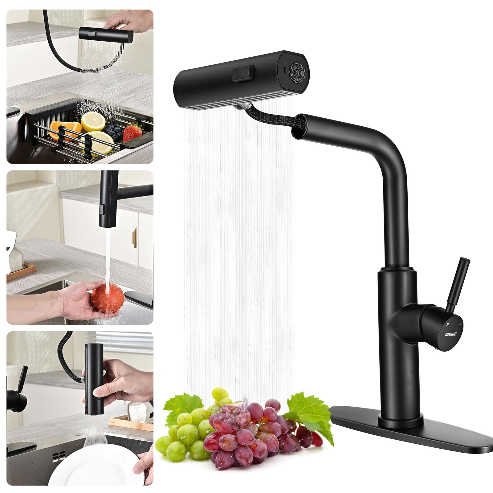 WEWE Waterfall Kitchen Faucet, Pull-Down Sprayer, Matte Black, 3-Mode