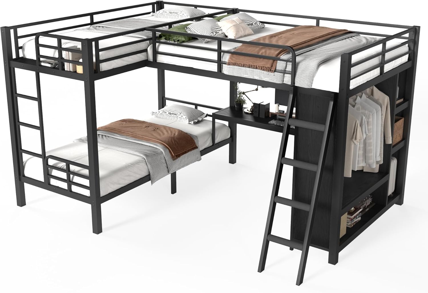 L-Shaped Triple Bunk Bed with Desk, Wardrobe, Twin XL Over Twin XL with Full Loft Bed, Metal Platform Beds Frame, Safety Guardrails, for 3 Kids, No Box Spring Needed, Noise-Free, Black