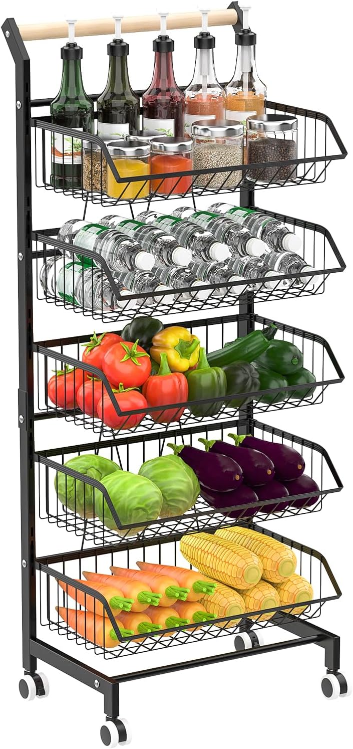 5-Tier Rolling Storage Cart with Wooden Handle, Carbon Steel Utility Cart with Lockable Wheels, Open Baskets for Kitchen Pantry Organization, Fruit Vegetable Snack Organizer