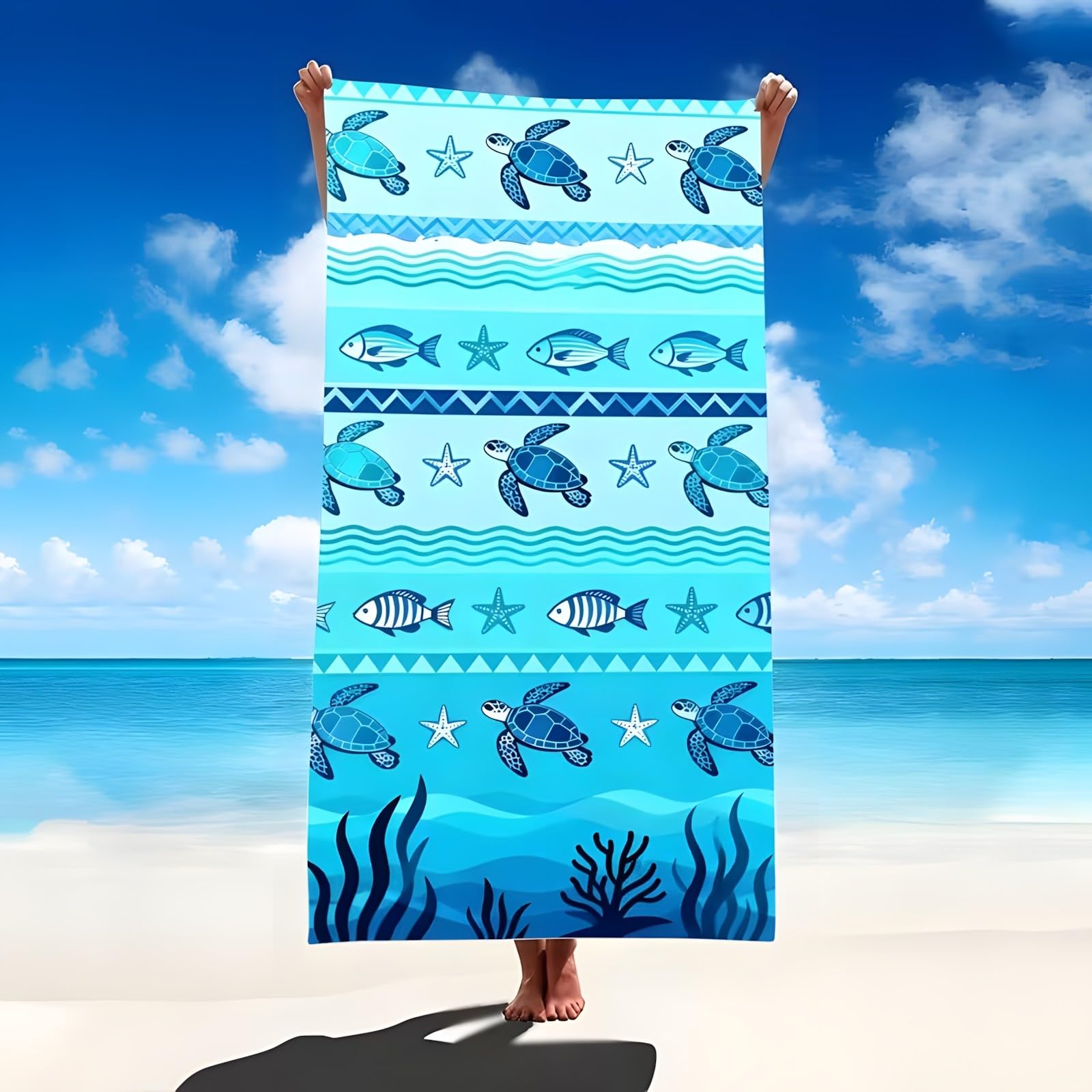 YZQGLHP Cartoon Sea Turtle Microfibre Beach Towel Starfish Beach Bath Towel Quick Drying, Lightweight, Sand-Free, Durable, for Pool, Gym, Camping, Travel Towel 80x180cm