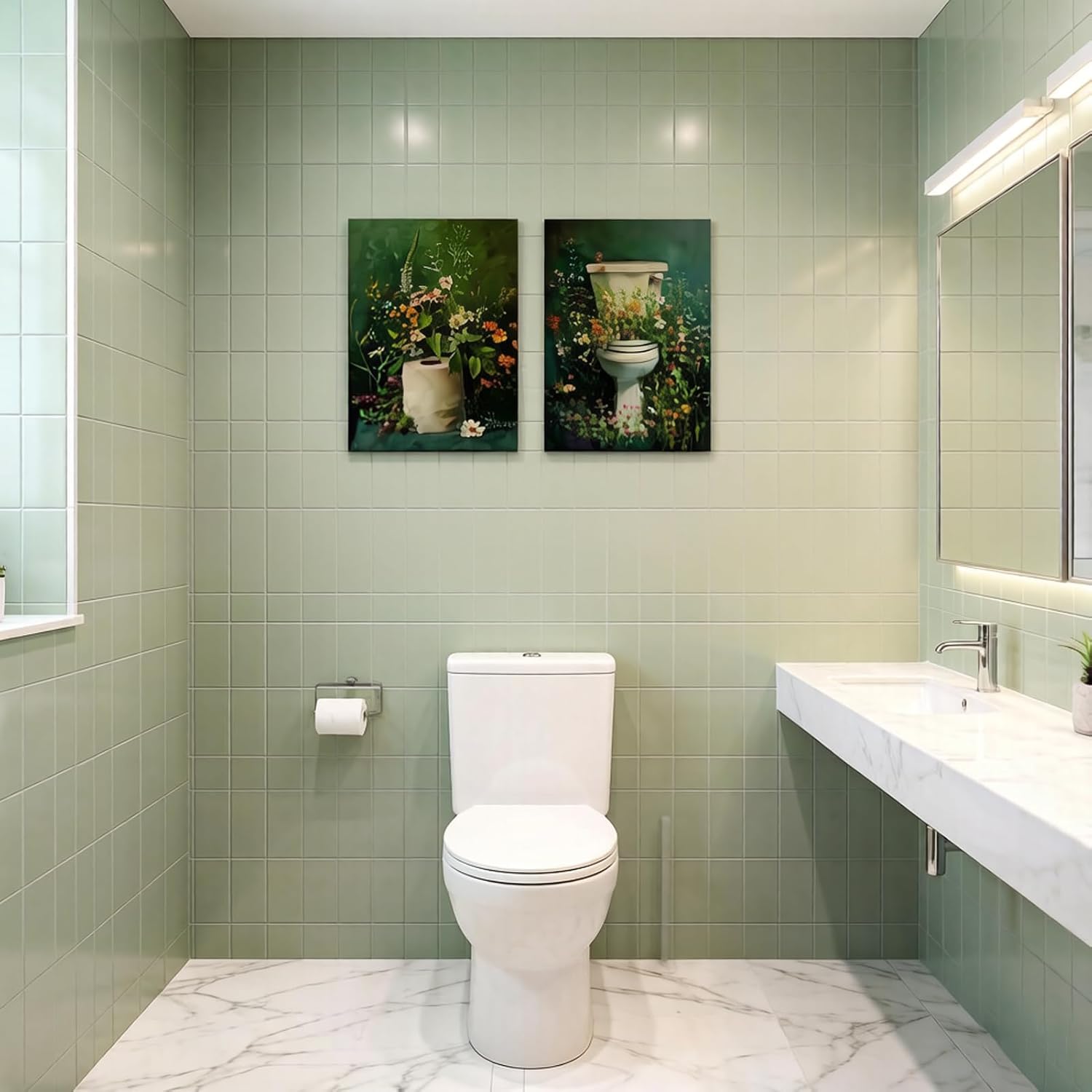 2Pcs Dark Green Bathroom Canvas Wall Art Botanical Toilet Moody Wildflowers Posters Prints Vintage Flowers Wall Pictures Decor for Bathroom Toilet Washroom Decorations