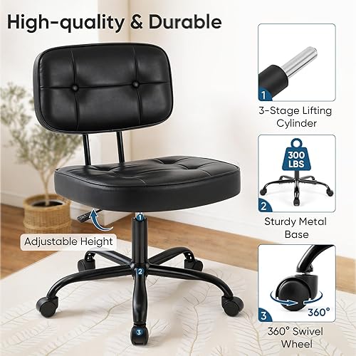 Miniatura 7 de DUMOS Silla de escritorio de oficina en casa, silla ergonómica de piel sintética sin brazos, con cómodo soporte lumbar y altura ajustable, tocador,
