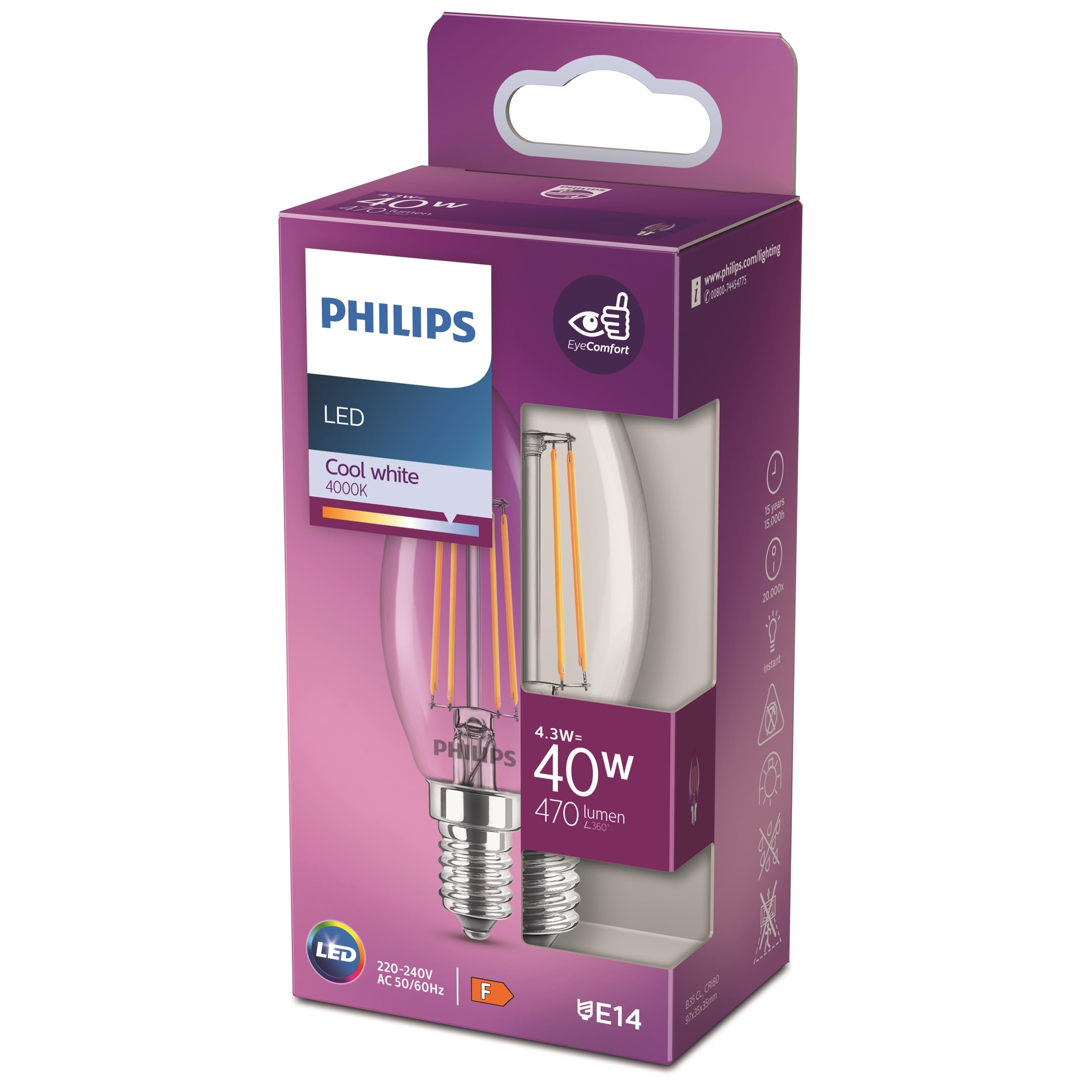 Philips LED classic 40W B35 E14 Mum Tipi Beyaz Işık Dim Edilmez Filament LED Ampul