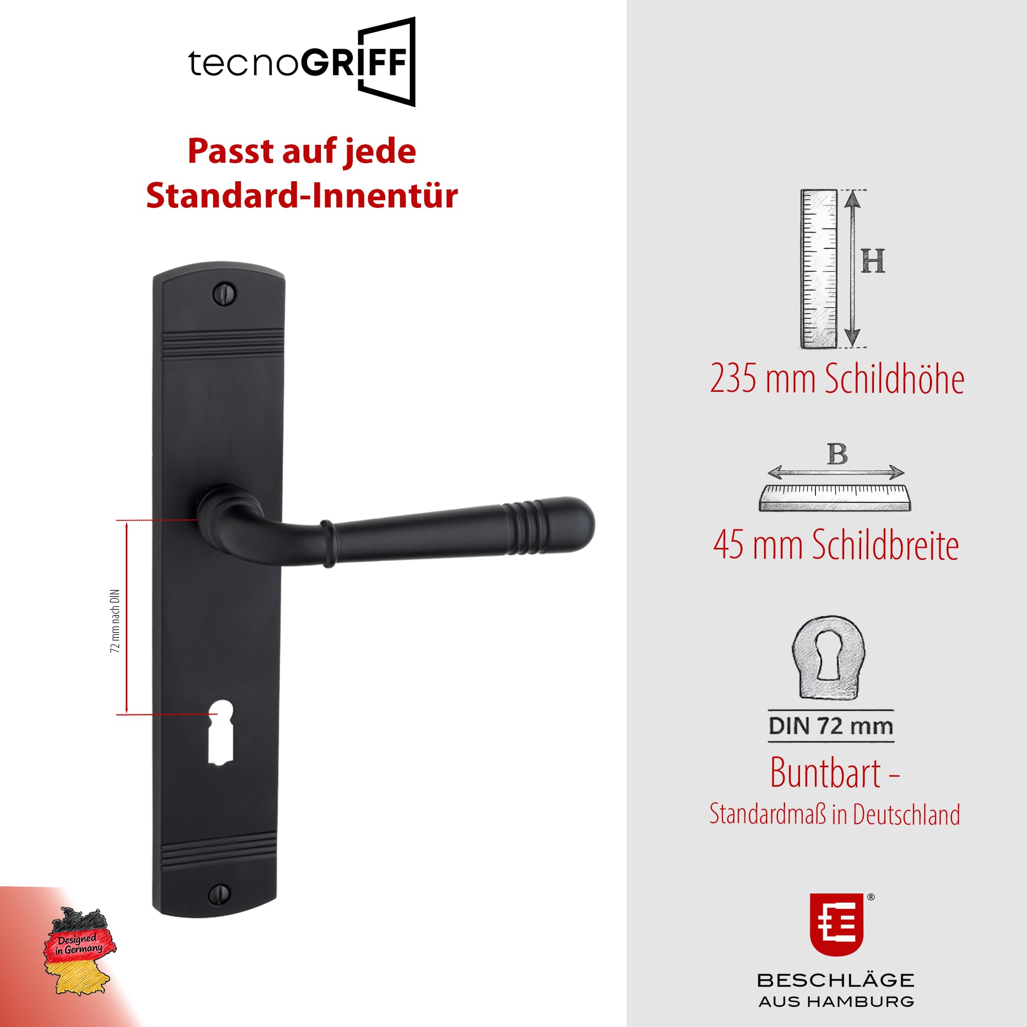 Beschläge Hamburg Türgriff EMILY ART 70-09 – Drückergarnitur Langschild 45 x 235 mm, Buntbart (BB) für Zimmertüren, Set inkl. Befestigungsmaterial, schwarz matt