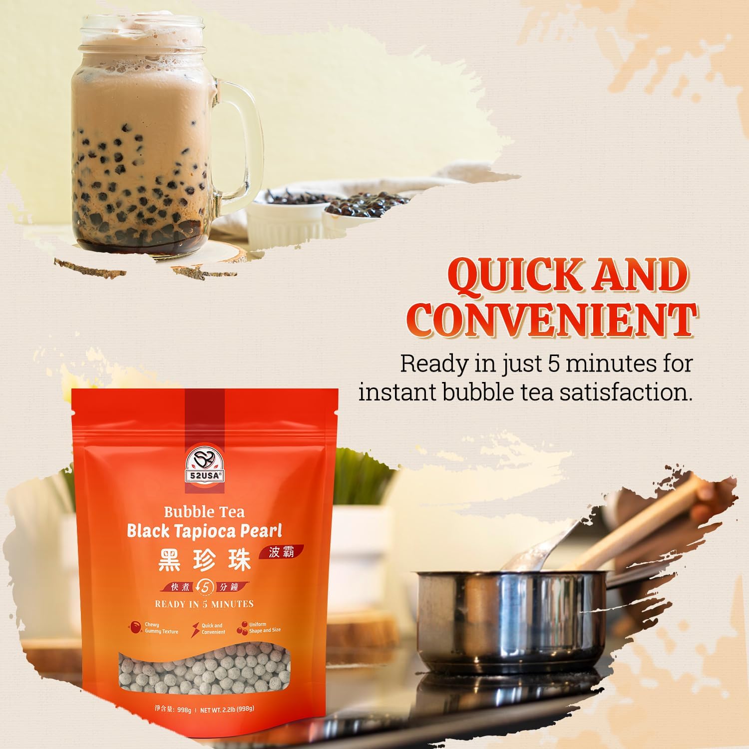 52USA Boba Tapioca Pearls 2.2LB, Fresh Bubble Tea Pearl, Quick Cook Black Plearls for Milk Tea, Smoothies, Desserts and Drinks-Ready in 5 Minutes