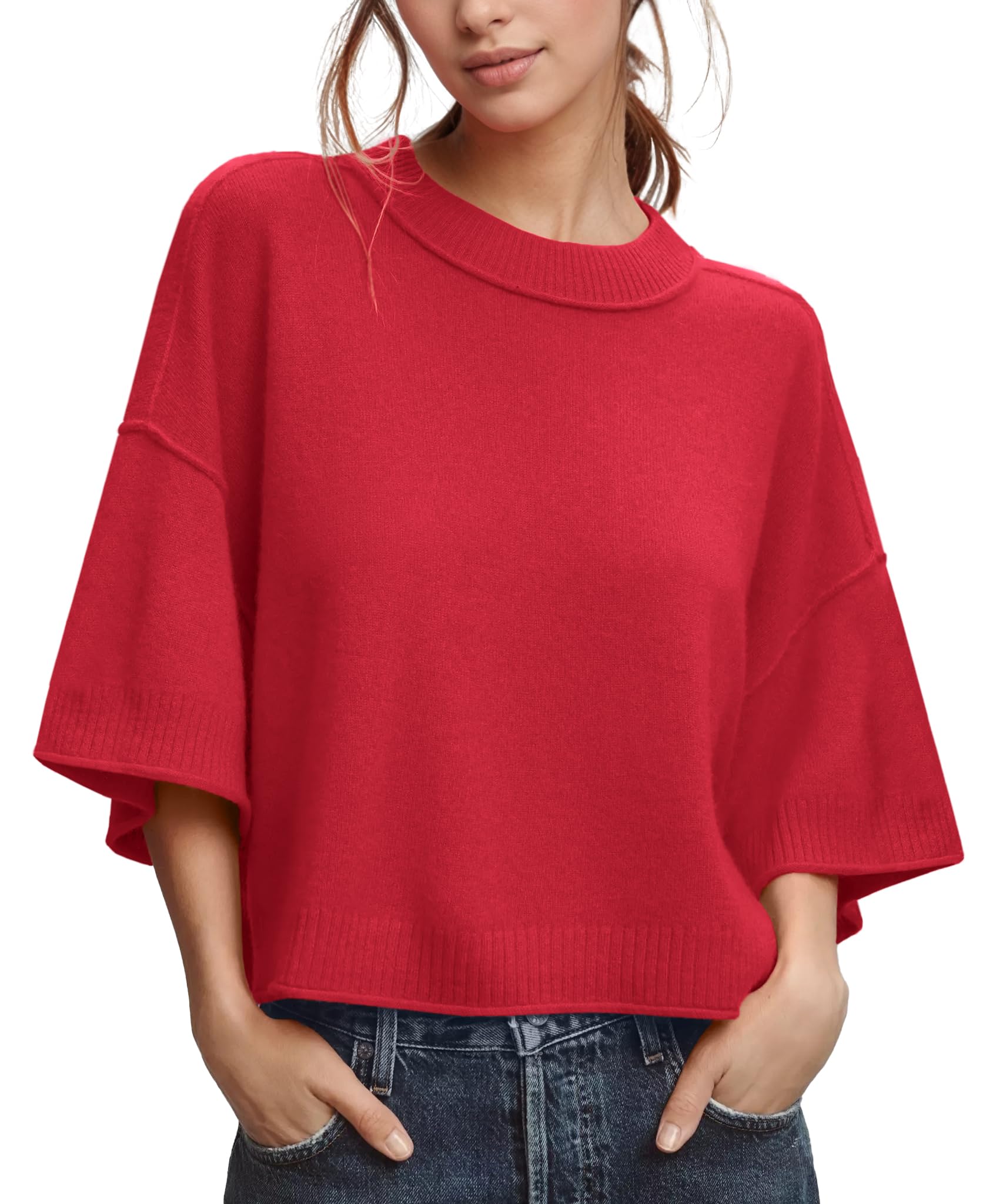 ZDC Womens Oversized Sweaters Summer 3 4 Sleeve Casual Cropped Tops Lightweight Loose Fit Knit Pullover