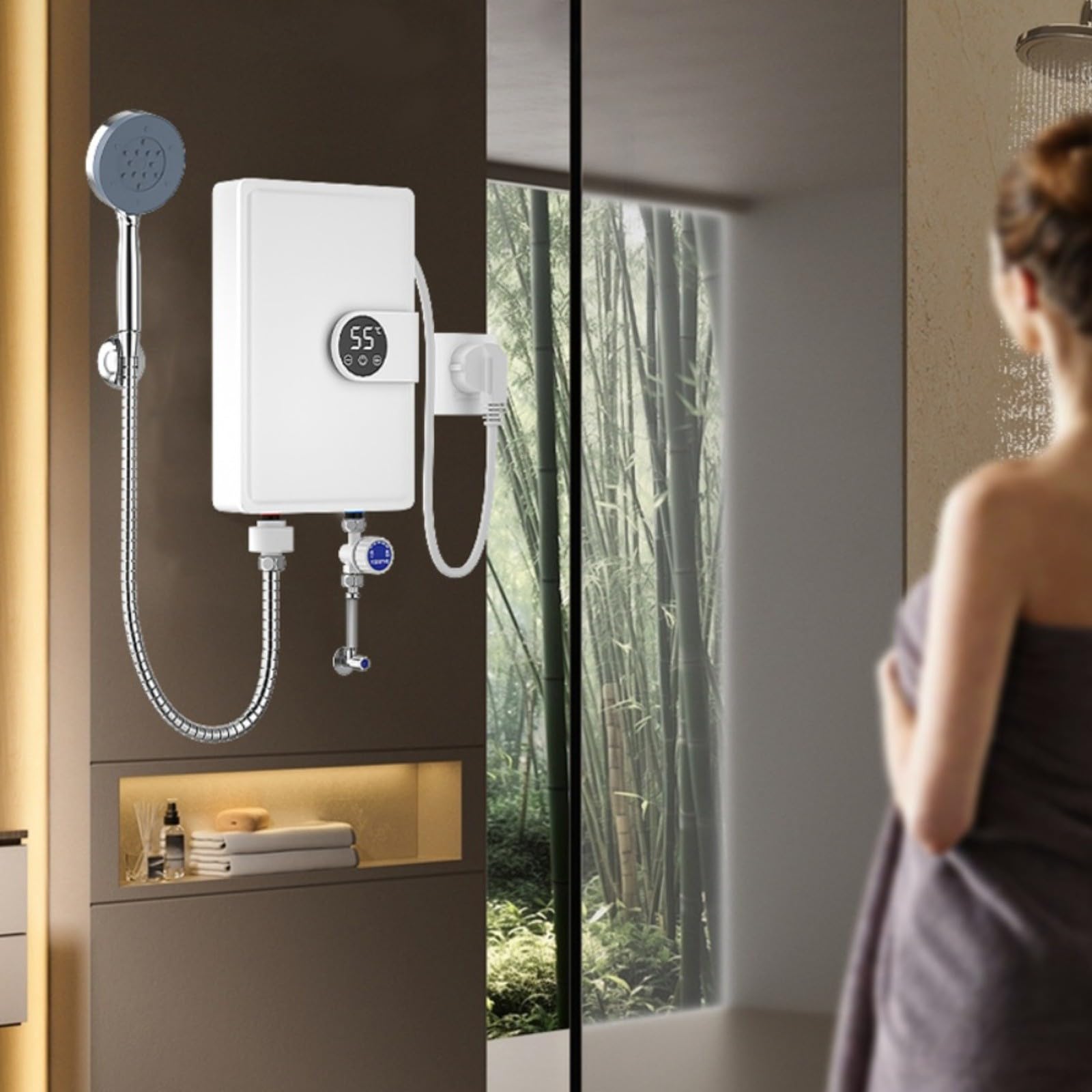 Mini scaldabagno elettrico, 5500 W, con serbatoio in acciaio inox e display LCD, per scaldabagno istantaneo per doccia, bagno, cucina e lavanderia