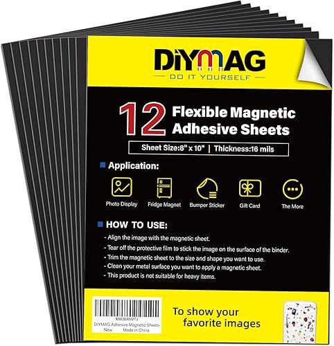 DIYMAG Hojas adhesivas magnéticas, 8 x 10 pulgadas, paquete de 12, hojas magnéticas con respaldo adhesivo, hojas magnéticas flexibles para