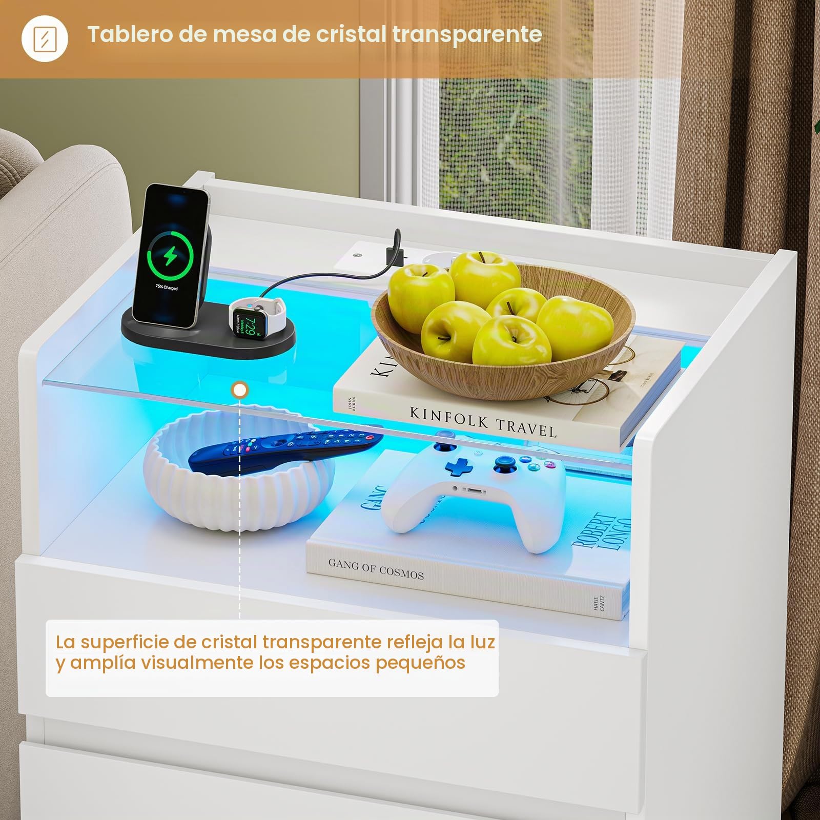 Mesitas de Noche con Estación de Carga, Mesilla de Noche con LED y Plano de Cristal, Mesa Auxiliar con 3 Cajones y 1 Compartimento Abierto, Mesa de Noche Cajonera Dormitorio Moderna para Salón